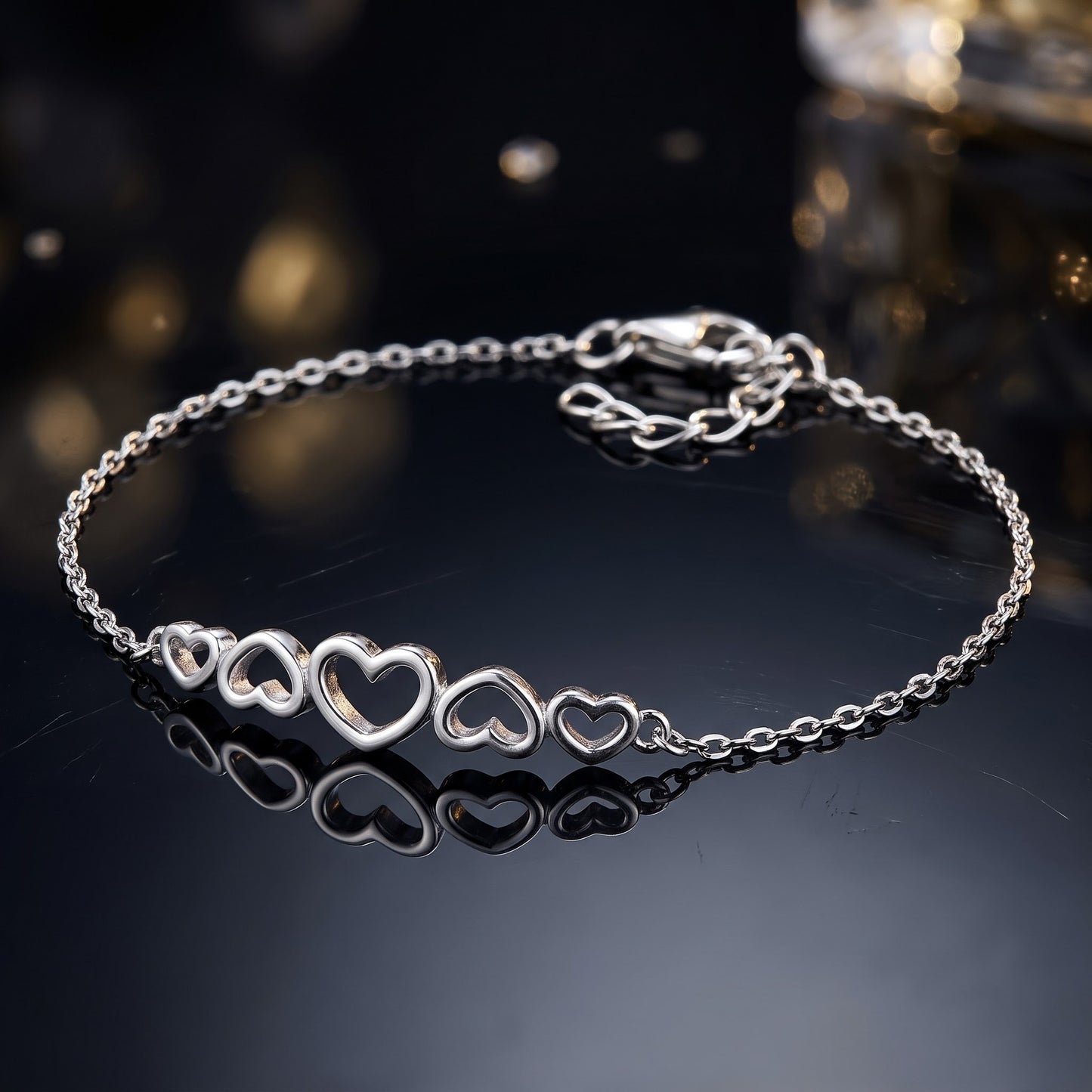 Sterling Silver Hearts Bracelet for Women, Adjustable Chain Link, Dainty Everyday Jewelry Gift view 3