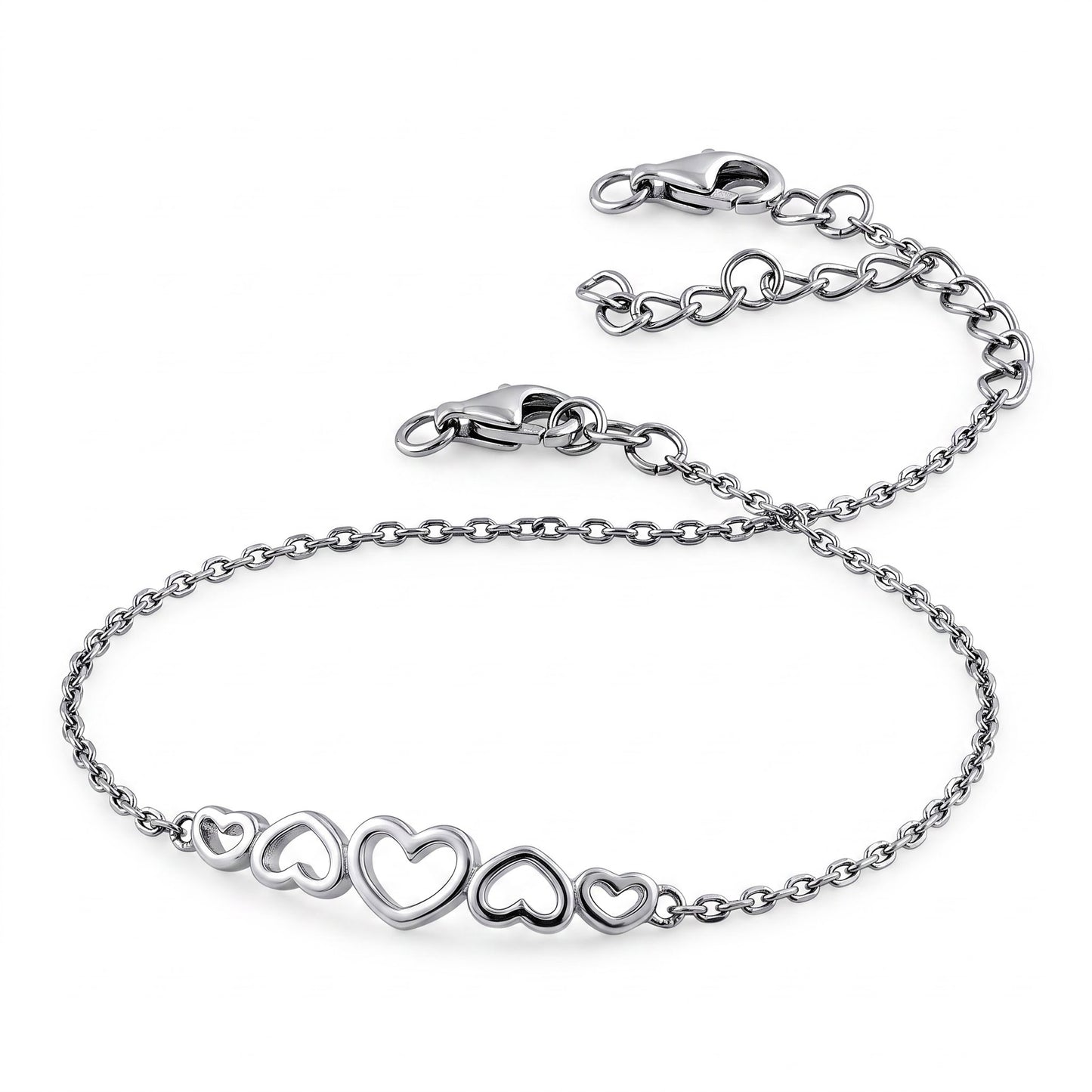 Sterling Silver Hearts Bracelet for Women, Adjustable Chain Link, Dainty Everyday Jewelry Gift
