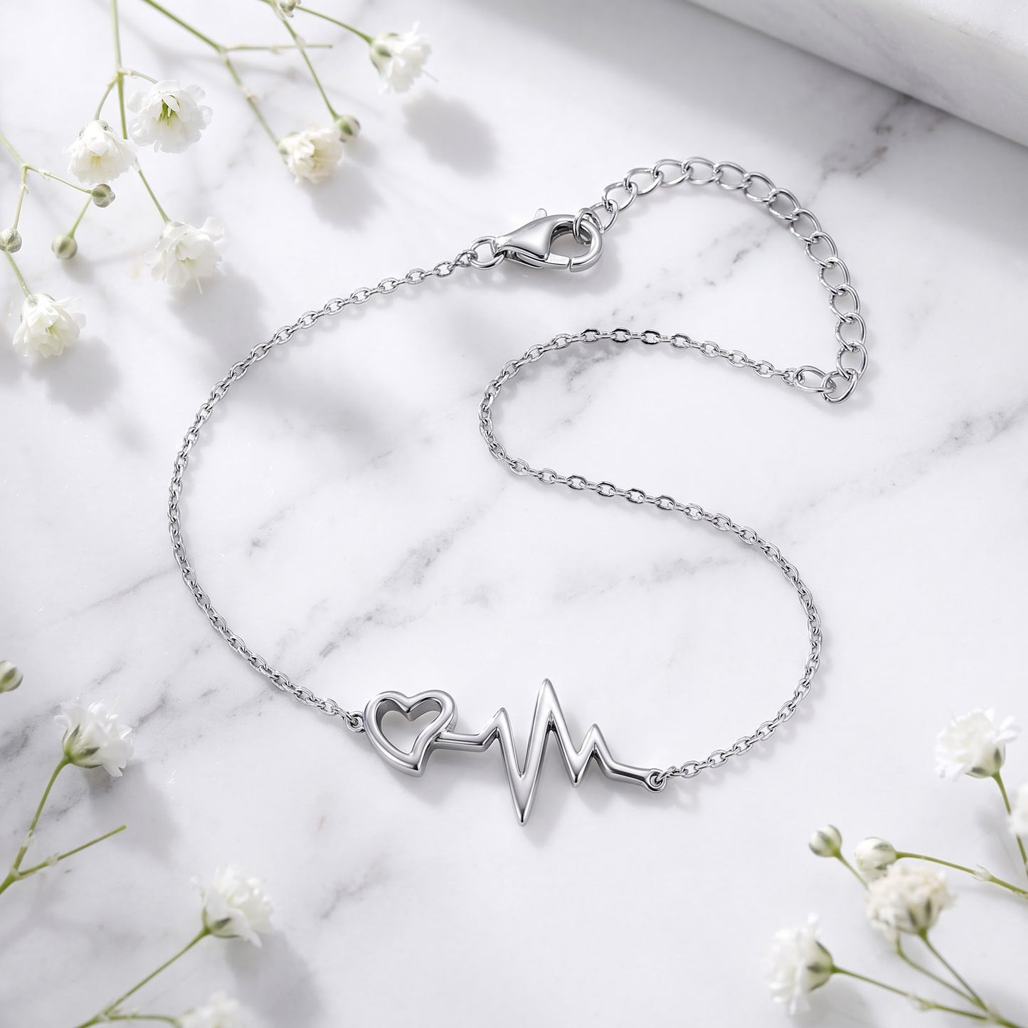 Sterling Silver Heartbeat Bracelet for Women, Adjustable Chain Link, Dainty Everyday Jewelry Gift view 1