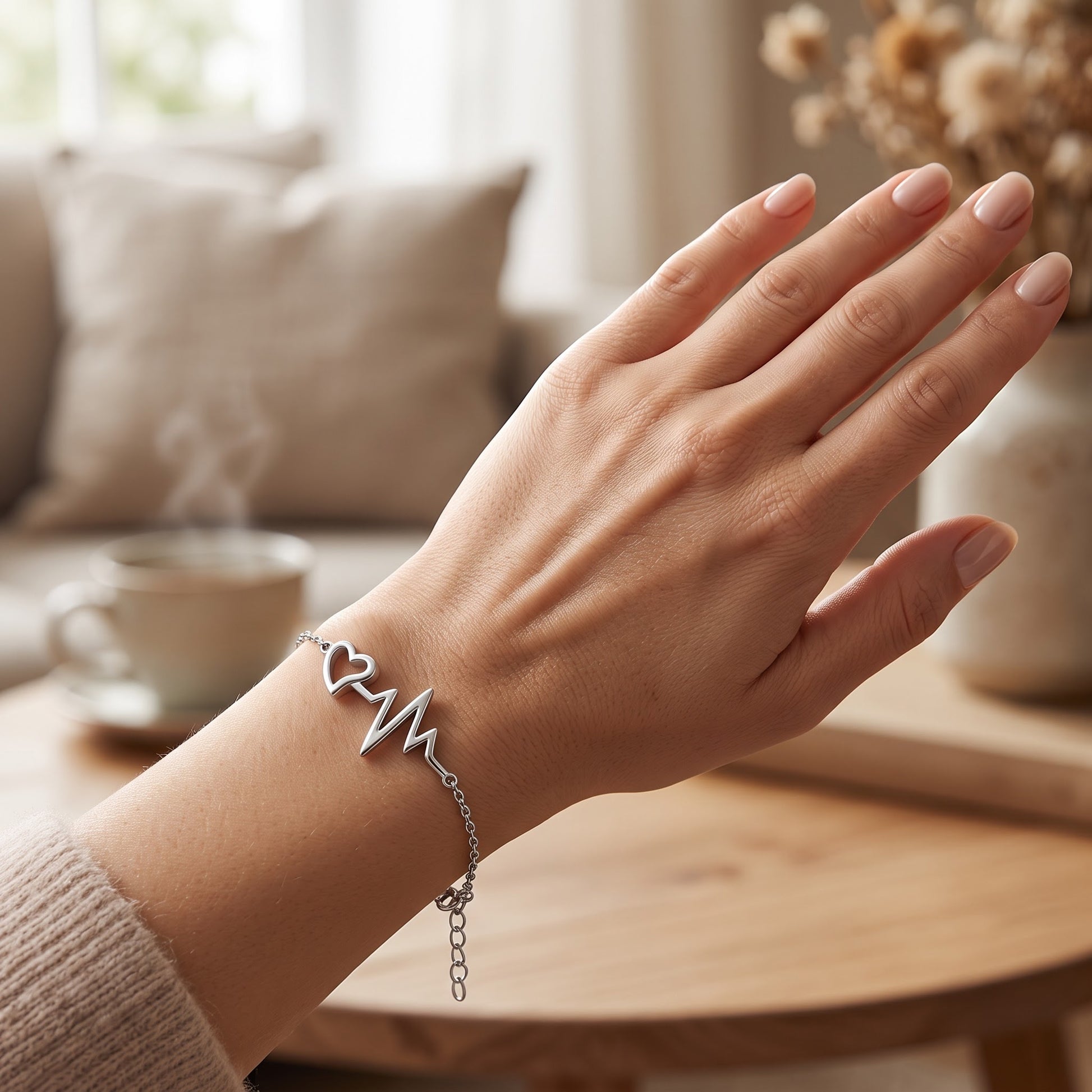 Sterling Silver Heartbeat Bracelet for Women, Adjustable Chain Link, Dainty Everyday Jewelry Gift view 4