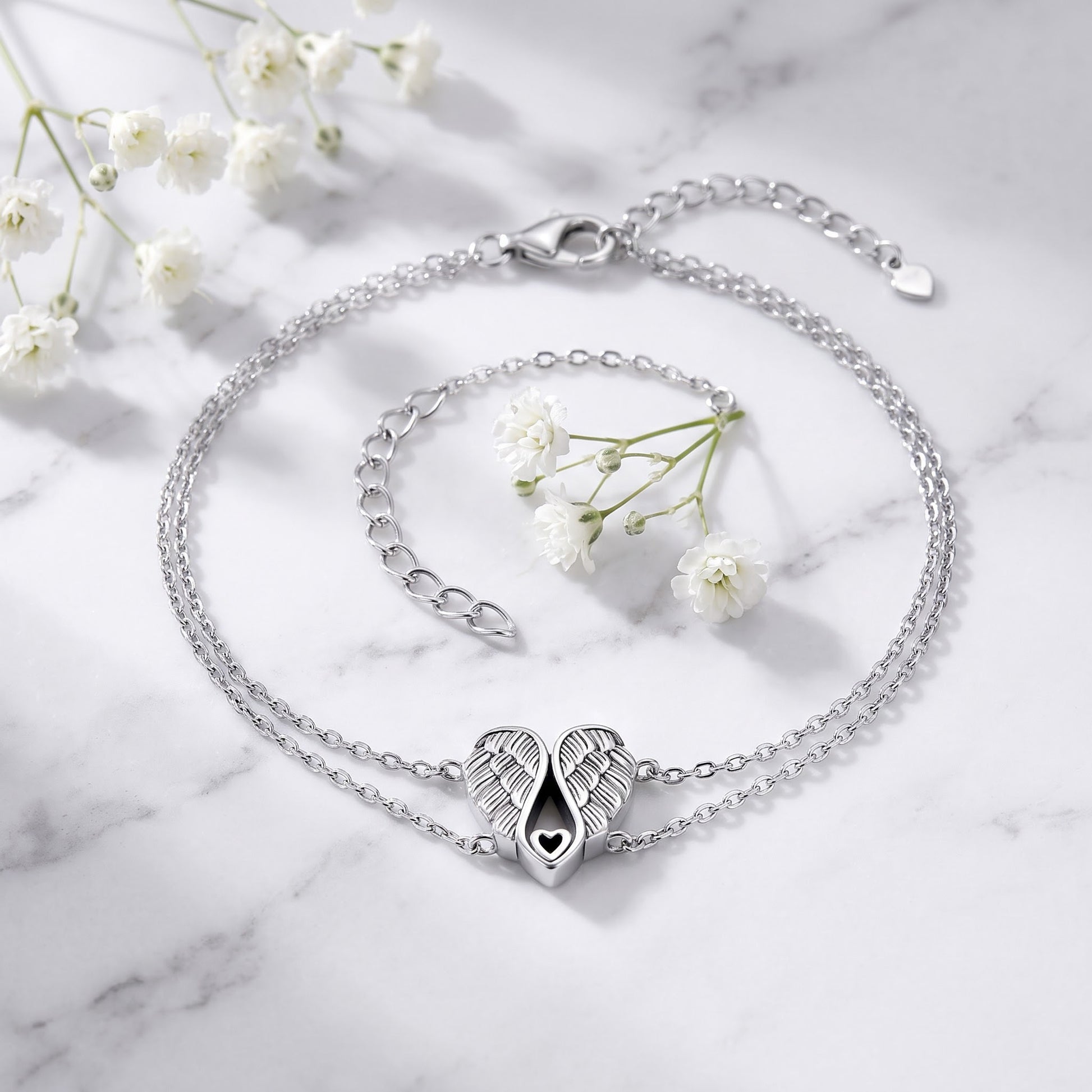 Sterling Silver Angel Wings with Heart Bracelet for Women, Dainty Everyday Jewelry Gift view 1