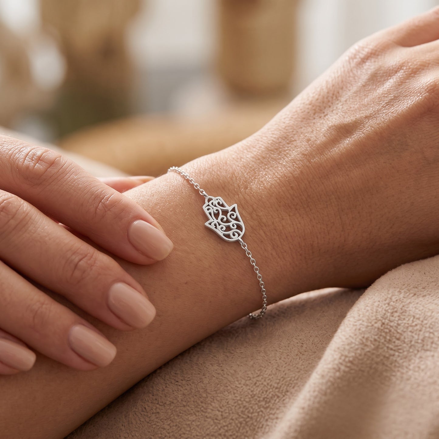 Sterling Silver Rose Gold Plated Hamsa Bracelet for Women, Chain Link, Dainty Everyday Jewelry Gift view 4