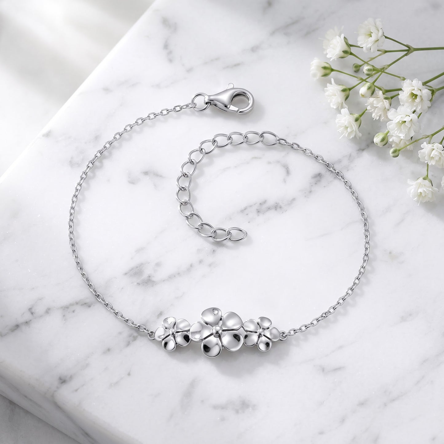 Sterling Silver Triple Plumeria Bracelet for Women, Chain Link, Dainty Everyday Jewelry Gift view 1