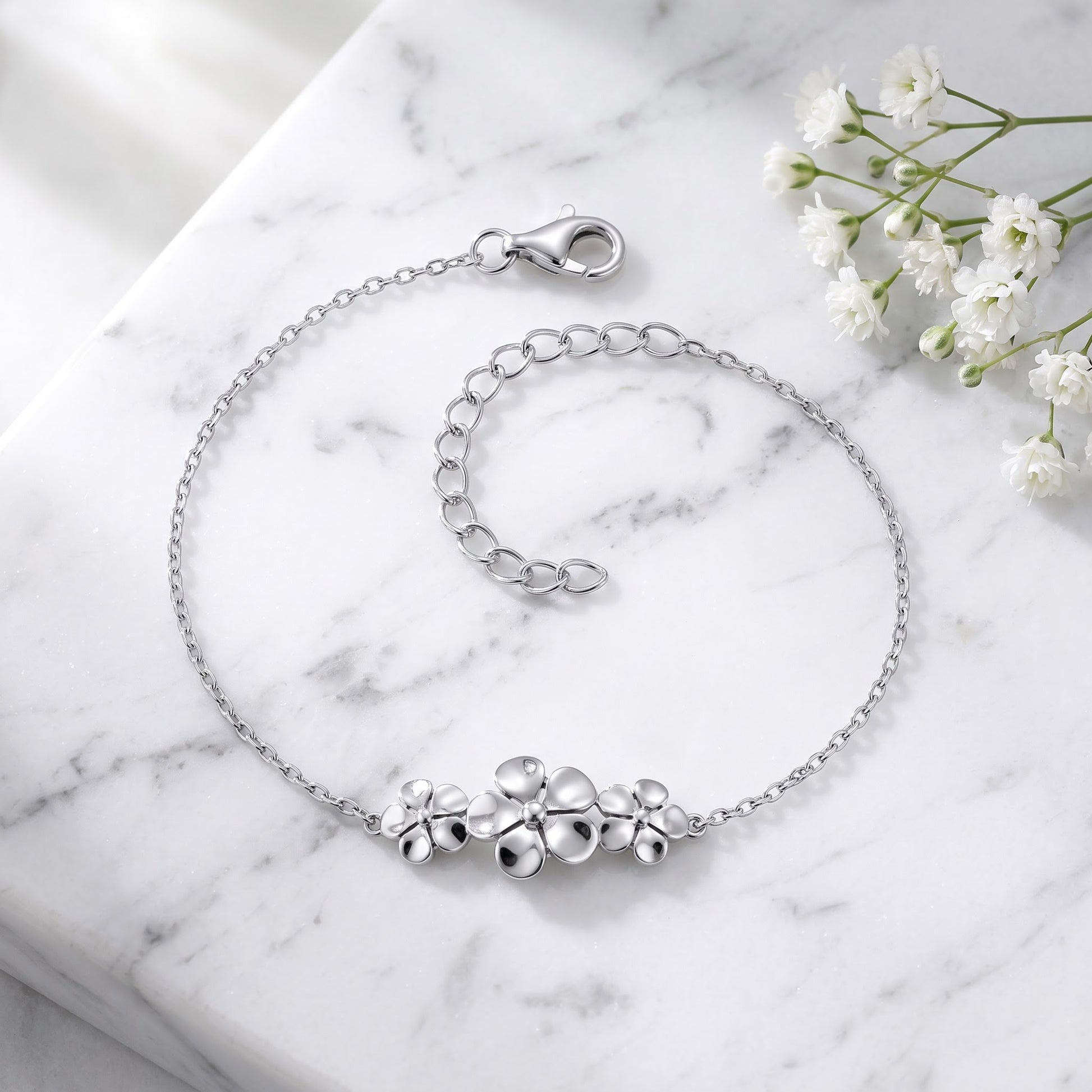 Sterling Silver Triple Plumeria Bracelet for Women, Chain Link, Dainty Everyday Jewelry Gift view 1