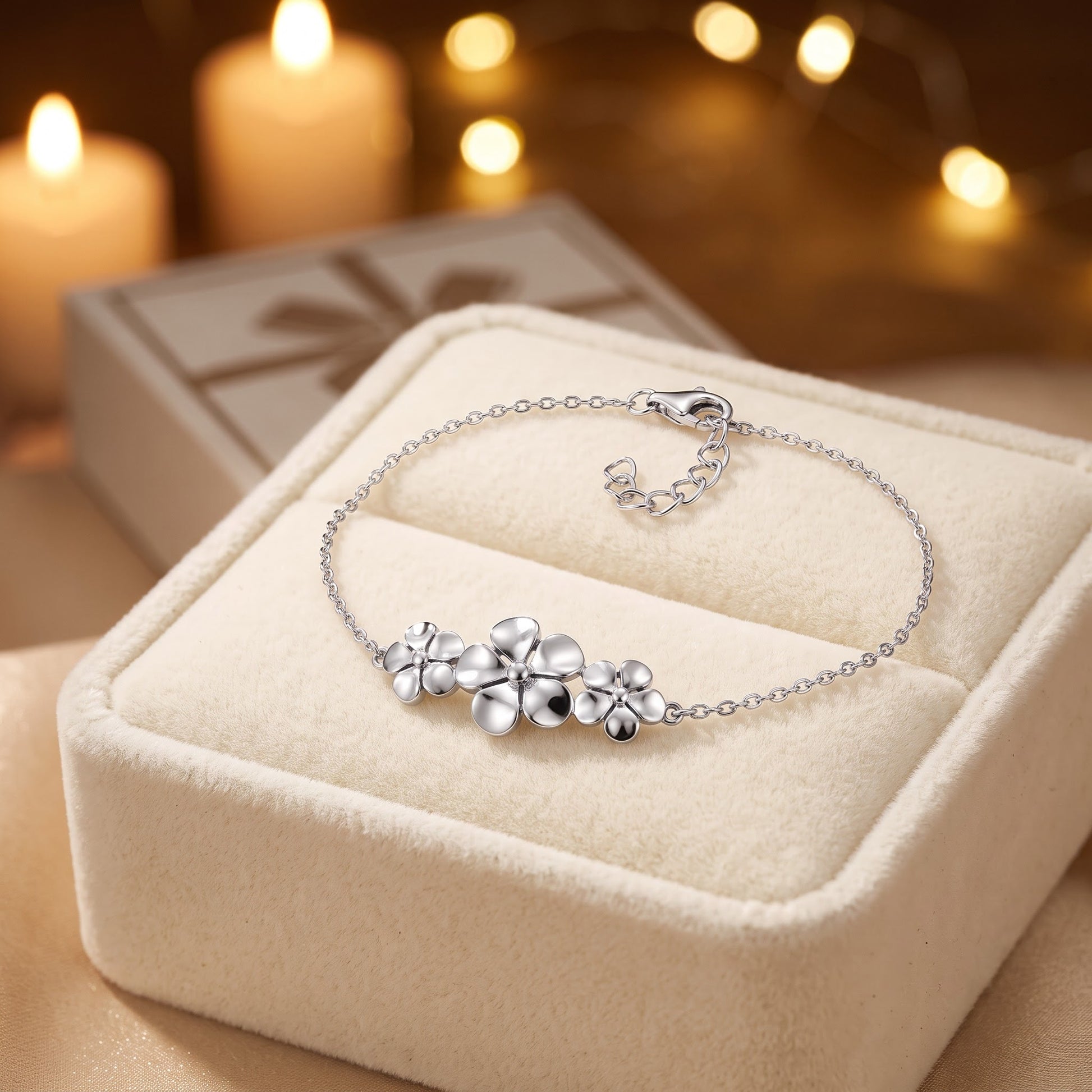 Sterling Silver Triple Plumeria Bracelet for Women, Chain Link, Dainty Everyday Jewelry Gift view 2