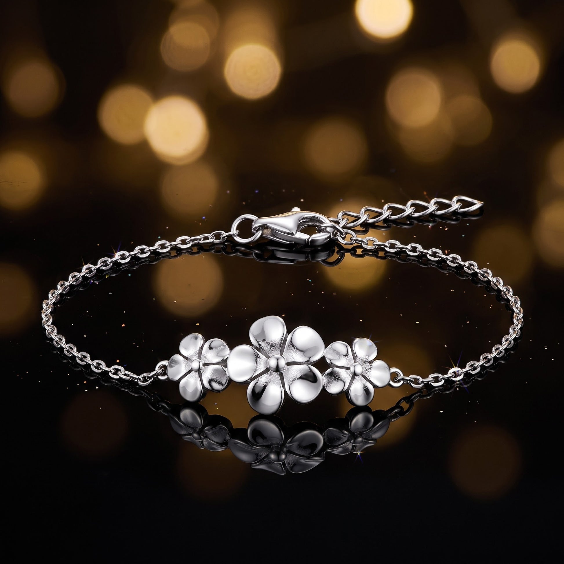 Sterling Silver Triple Plumeria Bracelet for Women, Chain Link, Dainty Everyday Jewelry Gift view 3