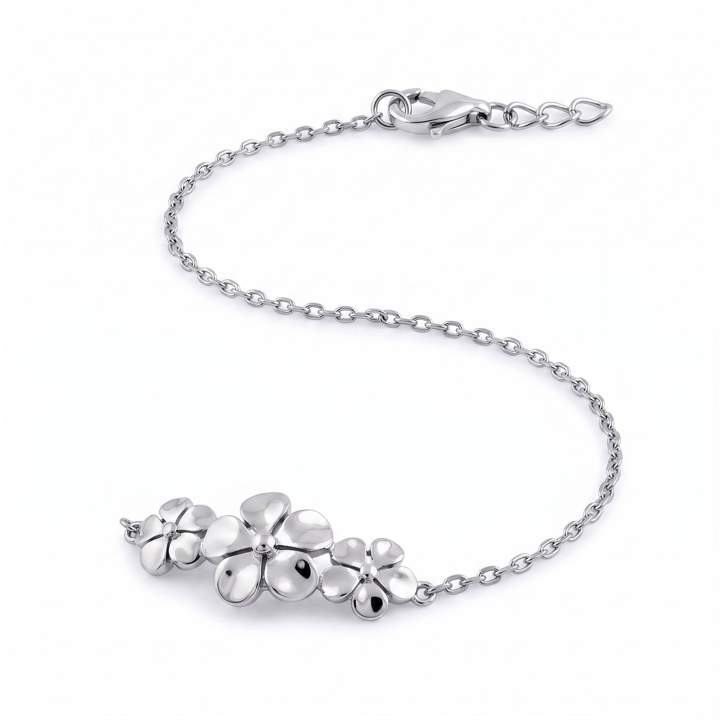 Sterling Silver Triple Plumeria Bracelet for Women, Chain Link, Dainty Everyday Jewelry Gift