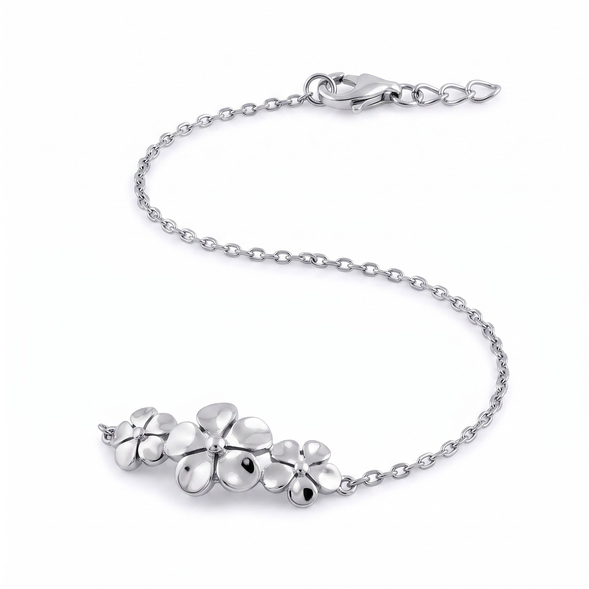 Sterling Silver Triple Plumeria Bracelet for Women, Chain Link, Dainty Everyday Jewelry Gift