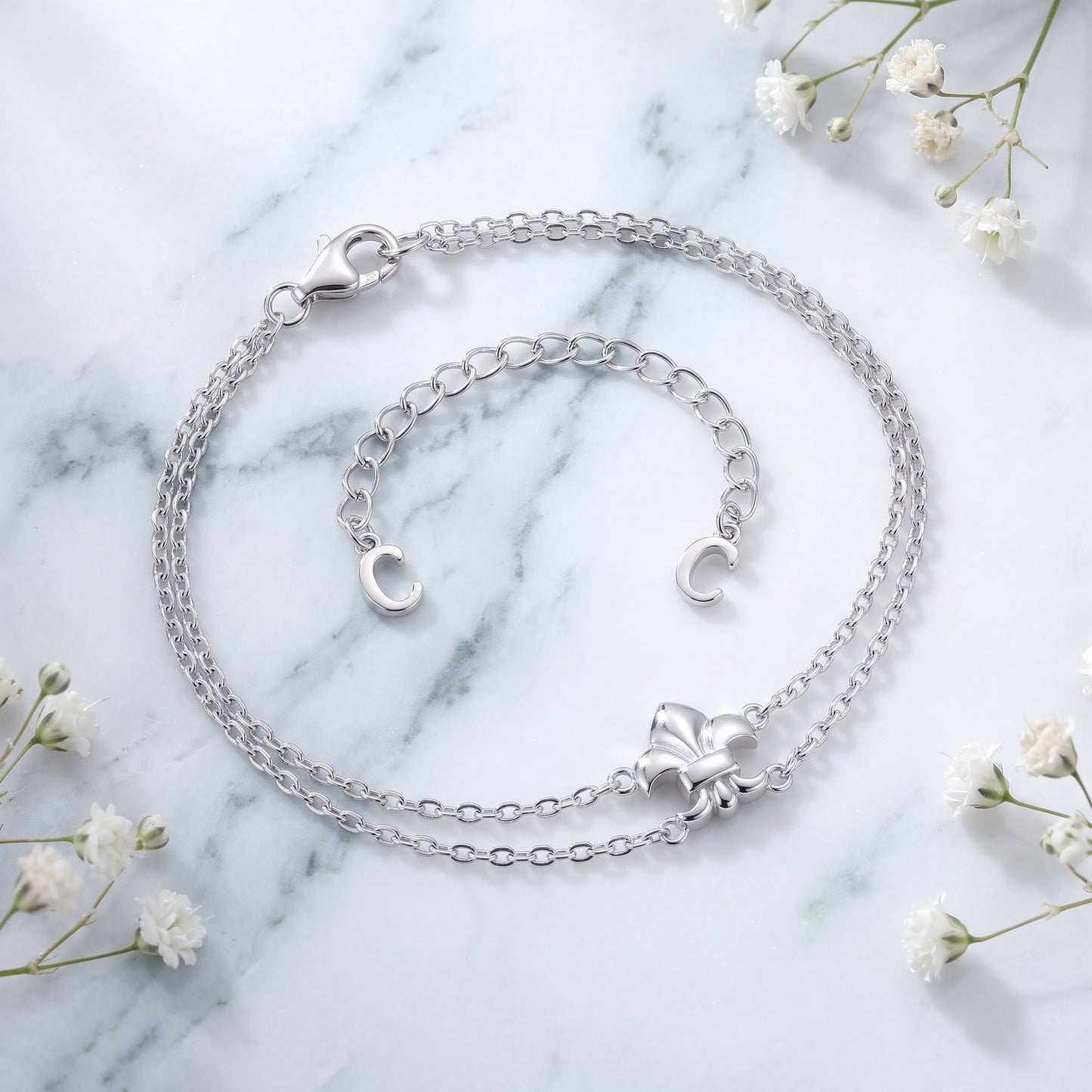 Sterling Silver Fleur De Lies Double Chain Bracelet for Women, Dainty Everyday Jewelry Gift view 1