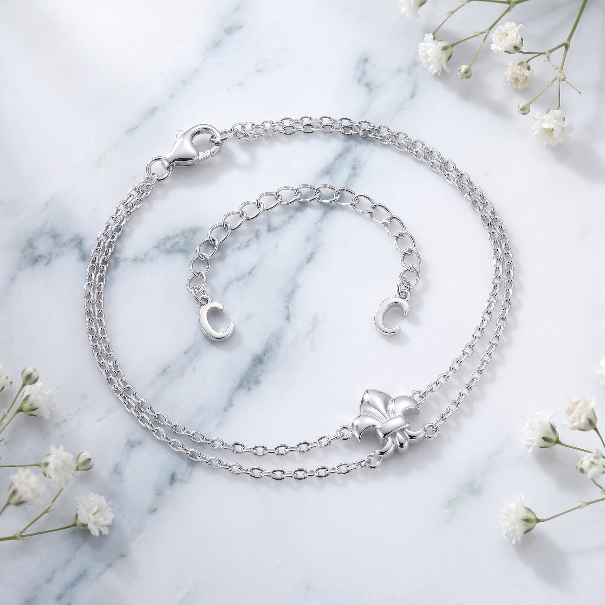 Sterling Silver Fleur De Lies Double Chain Bracelet for Women, Dainty Everyday Jewelry Gift view 1