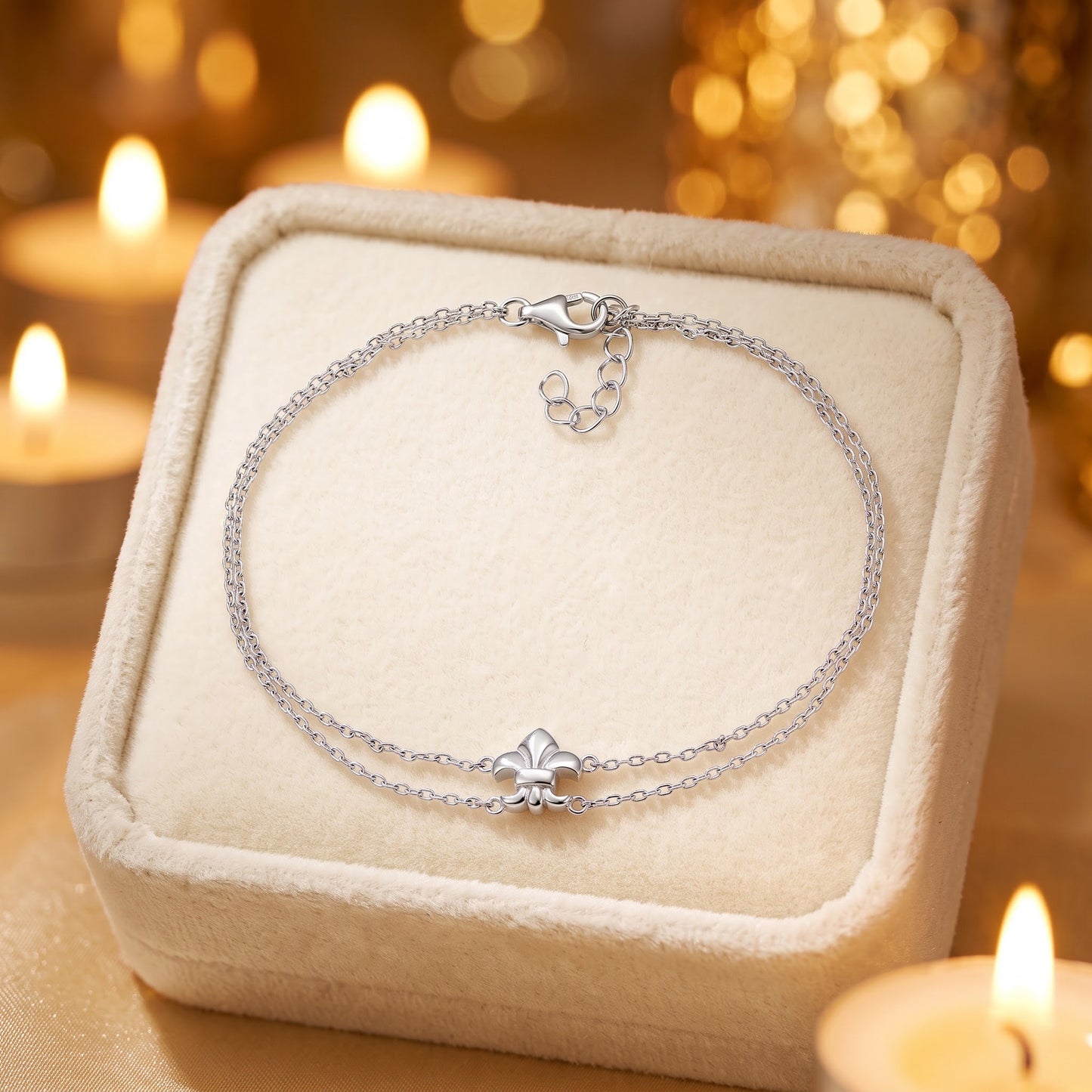 Sterling Silver Fleur De Lies Double Chain Bracelet for Women, Dainty Everyday Jewelry Gift view 2