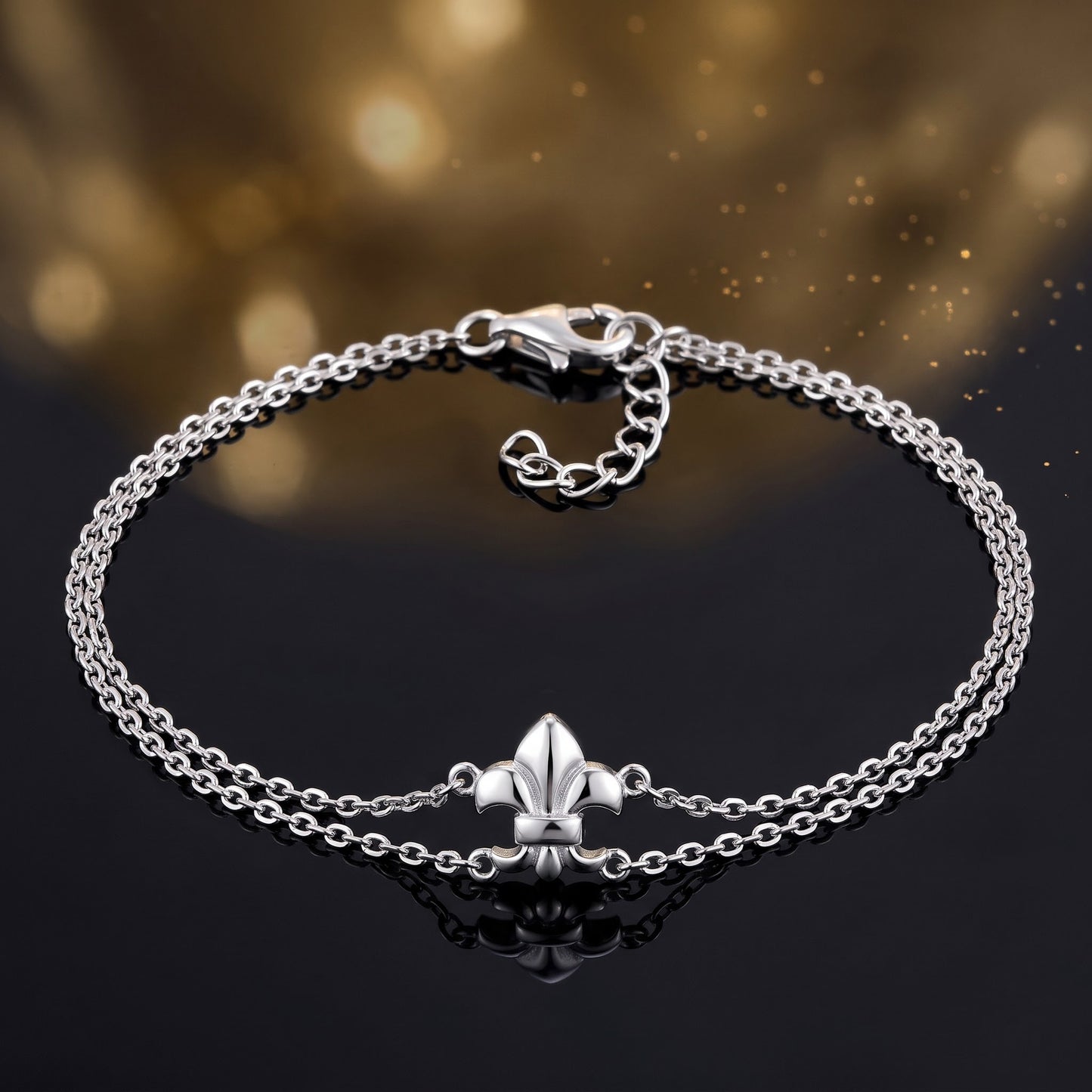 Sterling Silver Fleur De Lies Double Chain Bracelet for Women, Dainty Everyday Jewelry Gift view 3