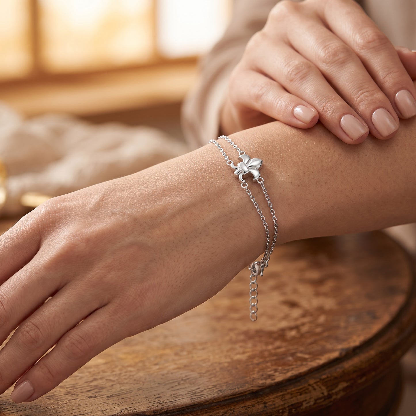 Sterling Silver Fleur De Lies Double Chain Bracelet for Women, Dainty Everyday Jewelry Gift view 4