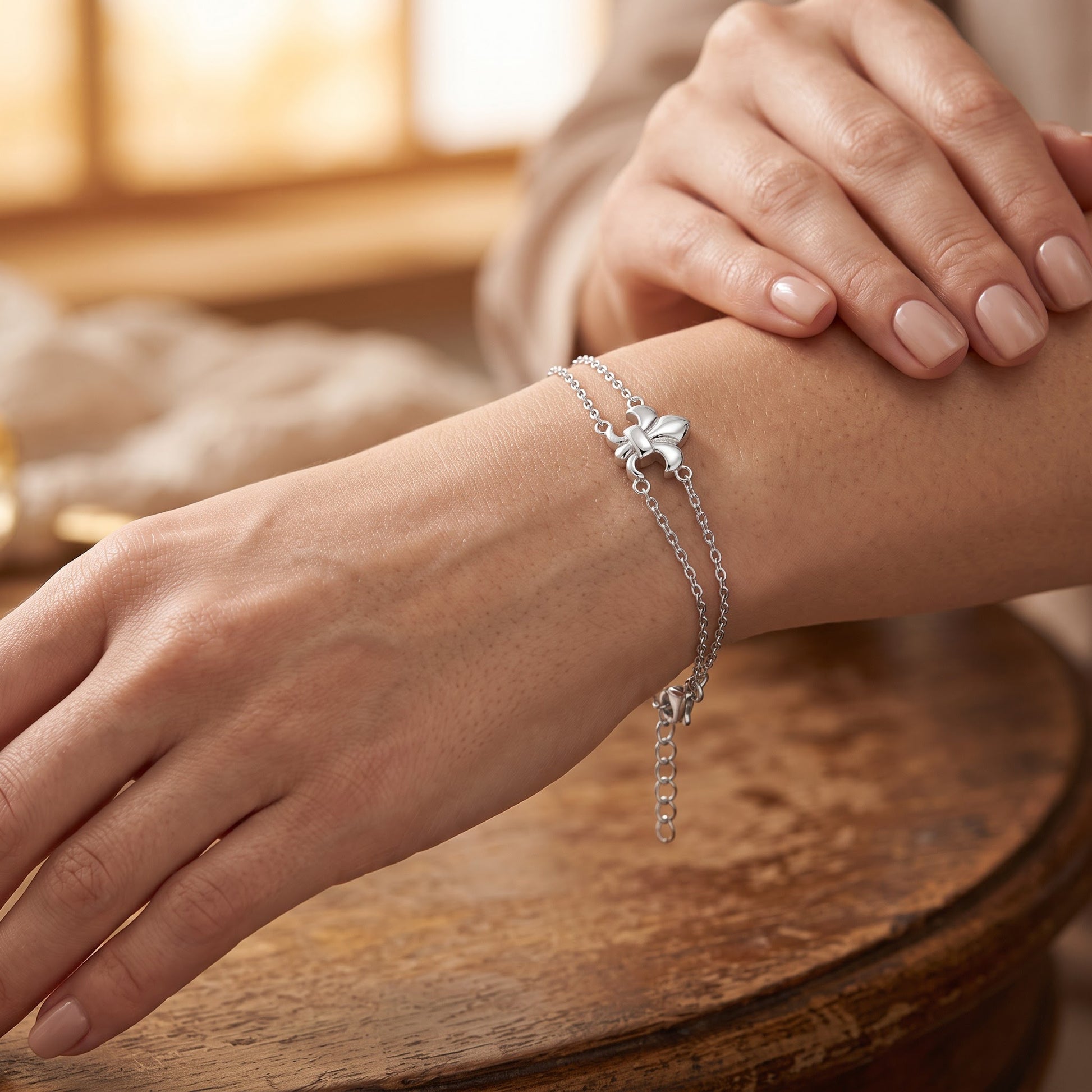 Sterling Silver Fleur De Lies Double Chain Bracelet for Women, Dainty Everyday Jewelry Gift view 4