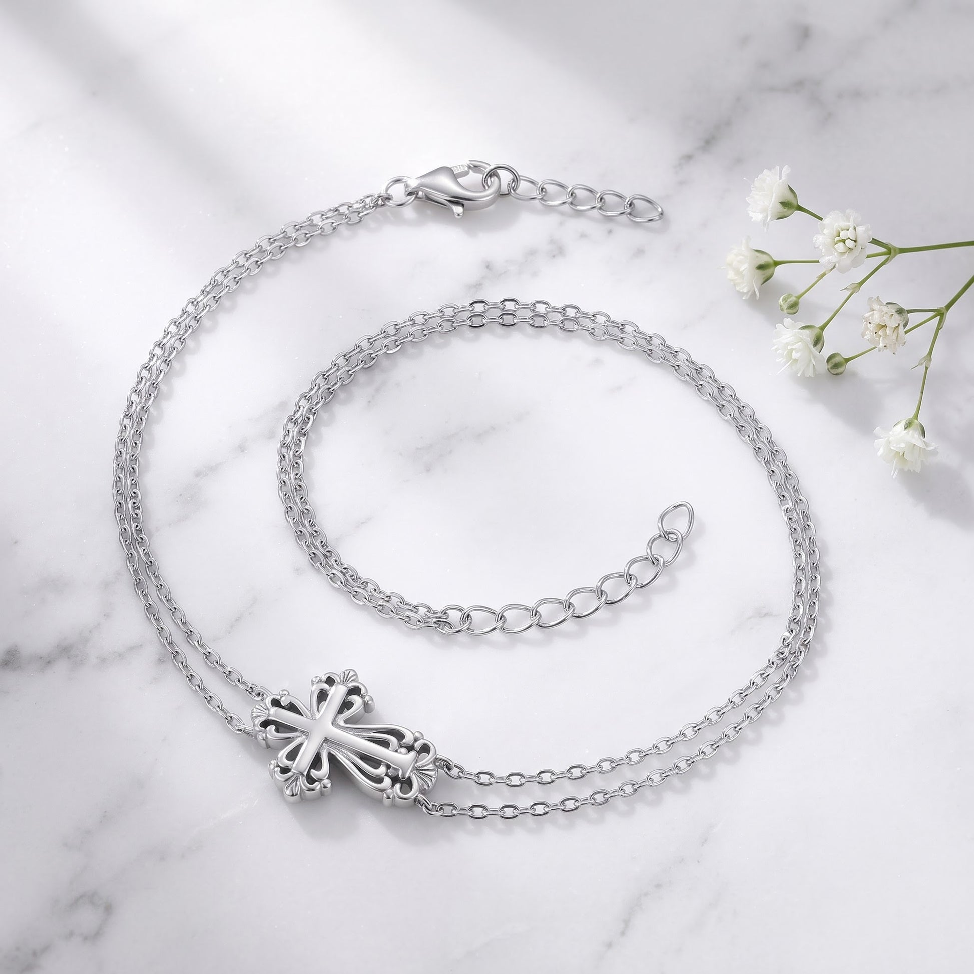 Sterling Silver Vintage Floral CrossBracelet Bracelet for Women, Adjustable Chain, Dainty Everyday Jewelry Gift view 1