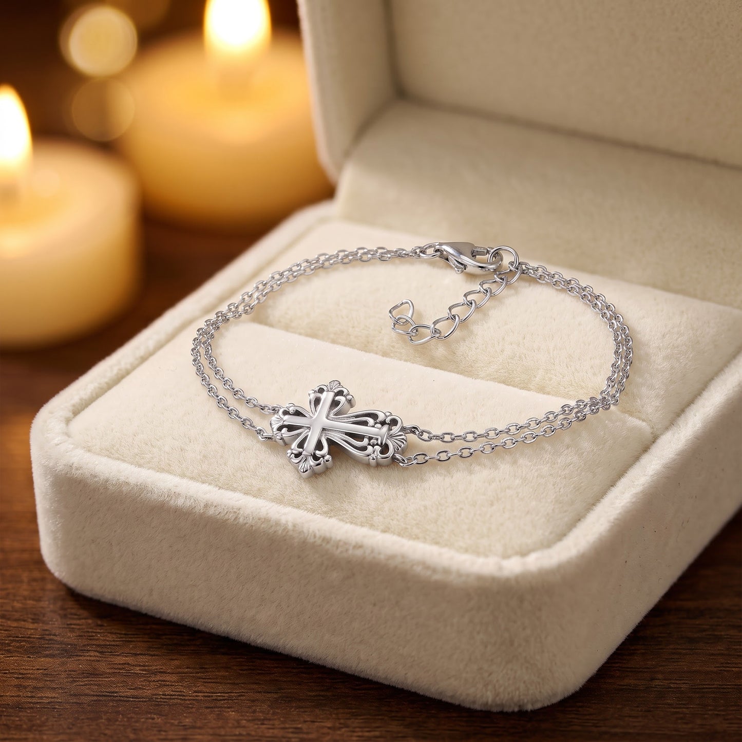 Sterling Silver Vintage Floral CrossBracelet Bracelet for Women, Adjustable Chain, Dainty Everyday Jewelry Gift view 2