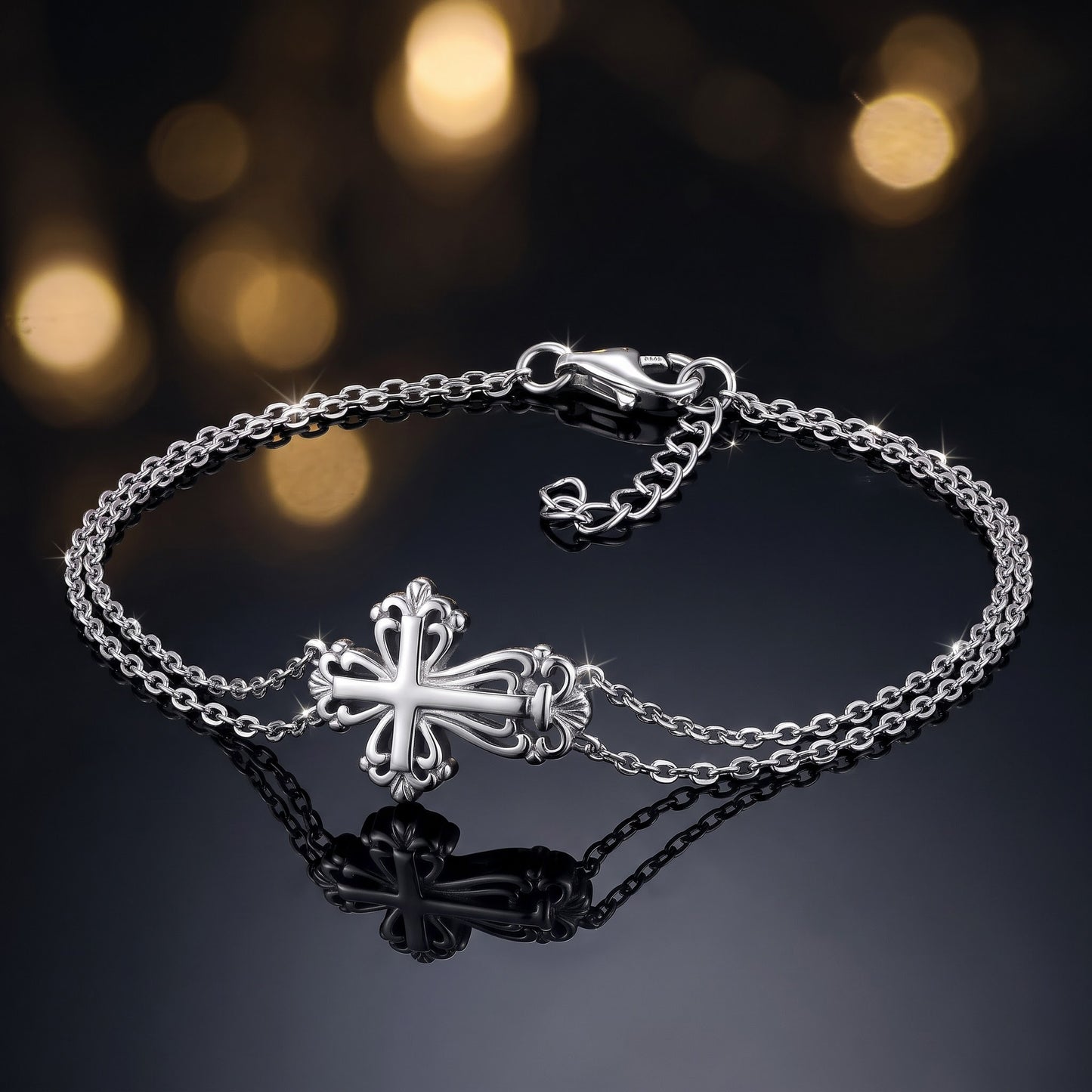Sterling Silver Vintage Floral CrossBracelet Bracelet for Women, Adjustable Chain, Dainty Everyday Jewelry Gift view 3