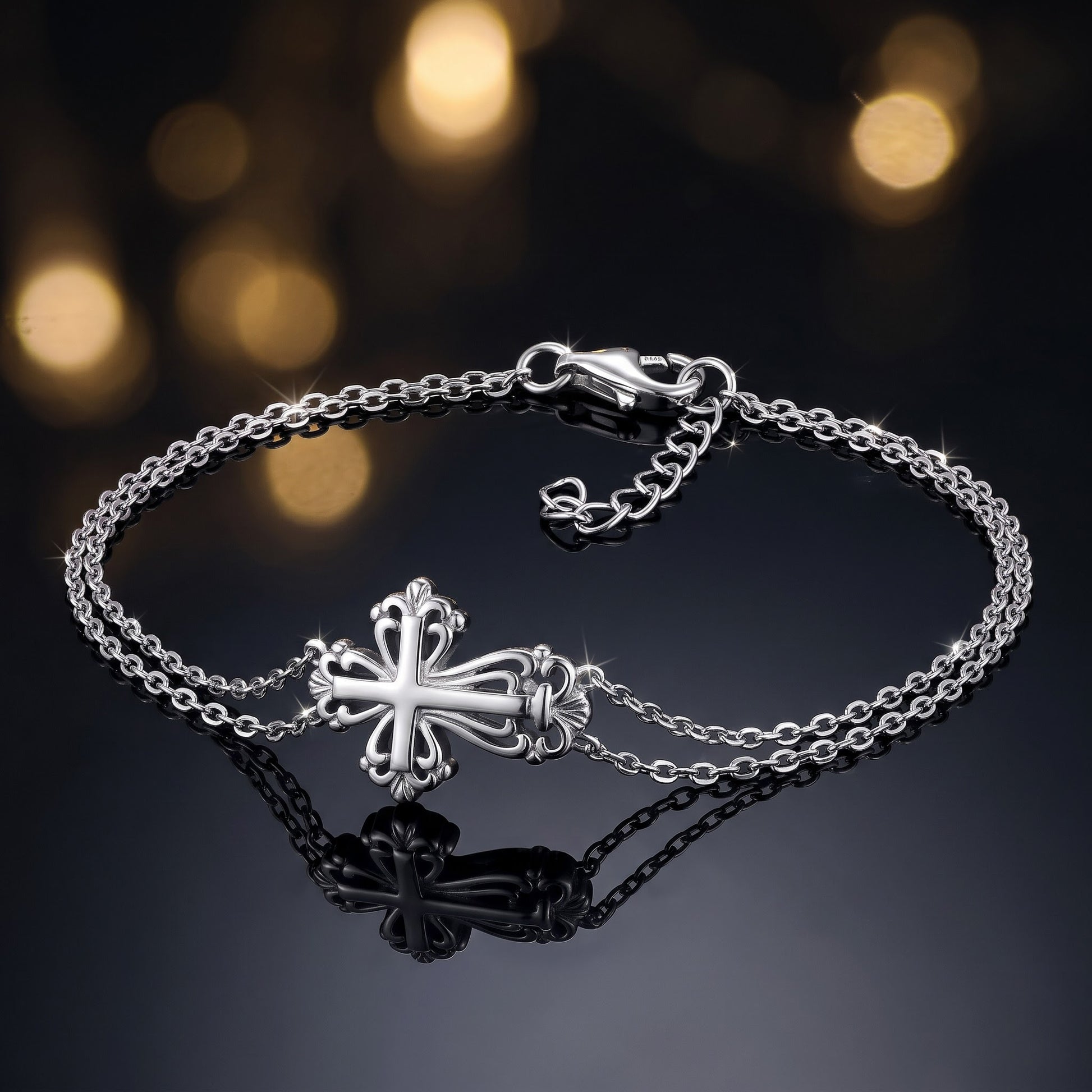 Sterling Silver Vintage Floral CrossBracelet Bracelet for Women, Adjustable Chain, Dainty Everyday Jewelry Gift view 3