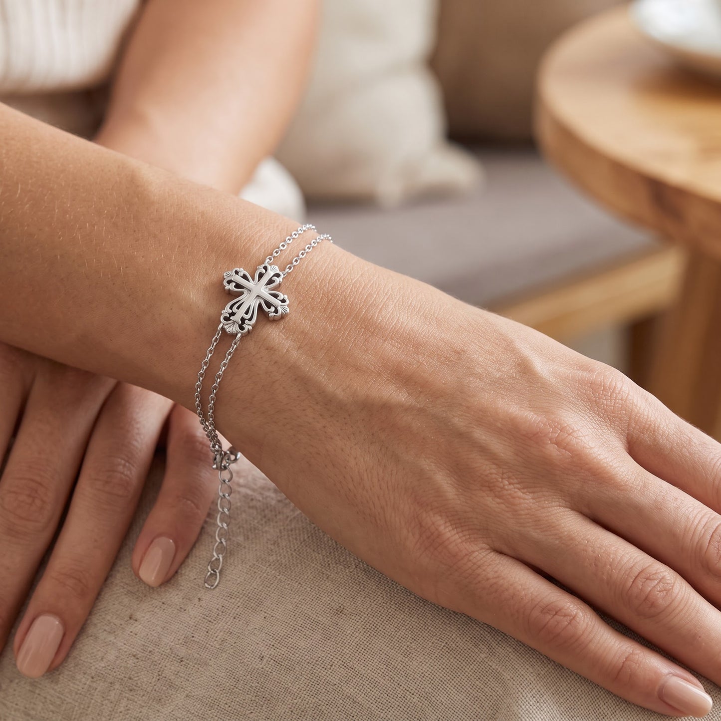 Sterling Silver Vintage Floral CrossBracelet Bracelet for Women, Adjustable Chain, Dainty Everyday Jewelry Gift view 4