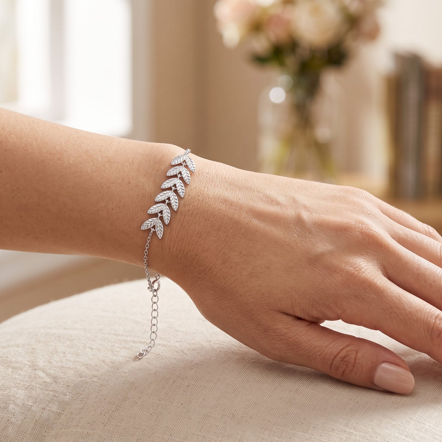Sterling Silver Greek Leaf Bracelet for Women, Chain Link, Dainty Everyday Jewelry Gift view 4