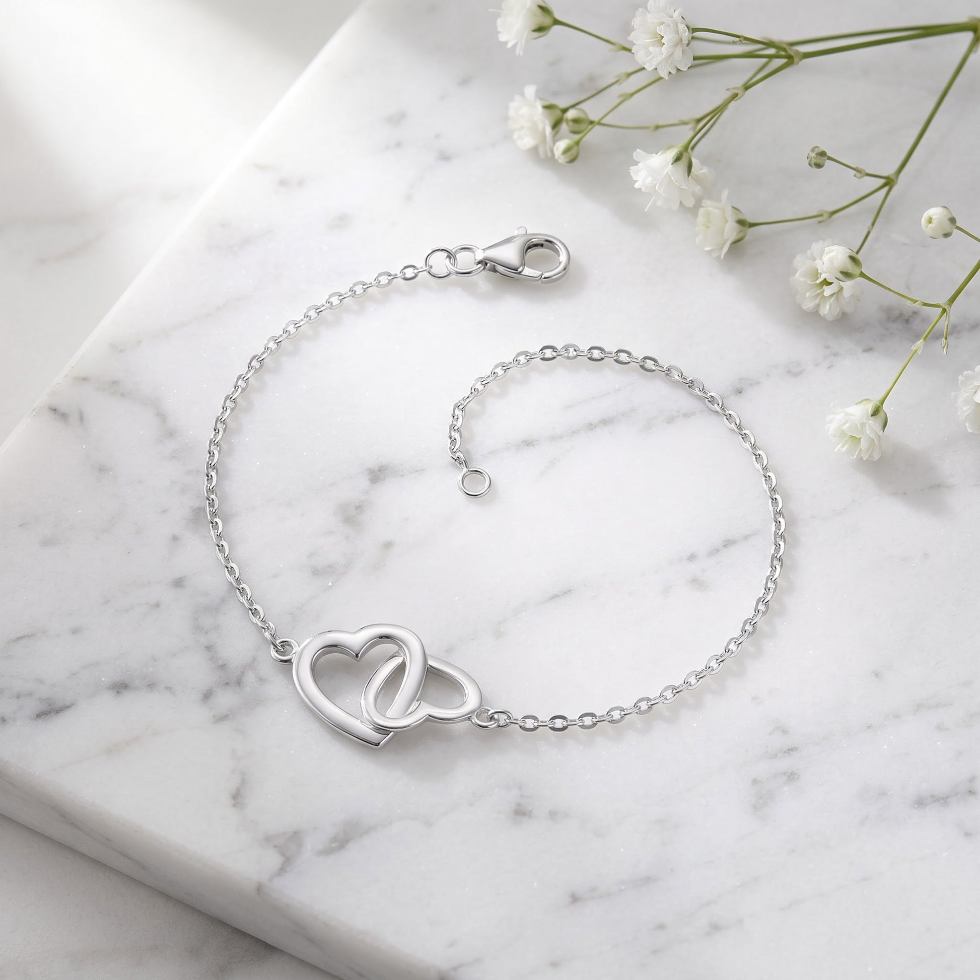 Sterling Silver Linked Hearts Bracelet for Women, Adjustable Chain Link, Dainty Everyday Jewelry Gift view 1