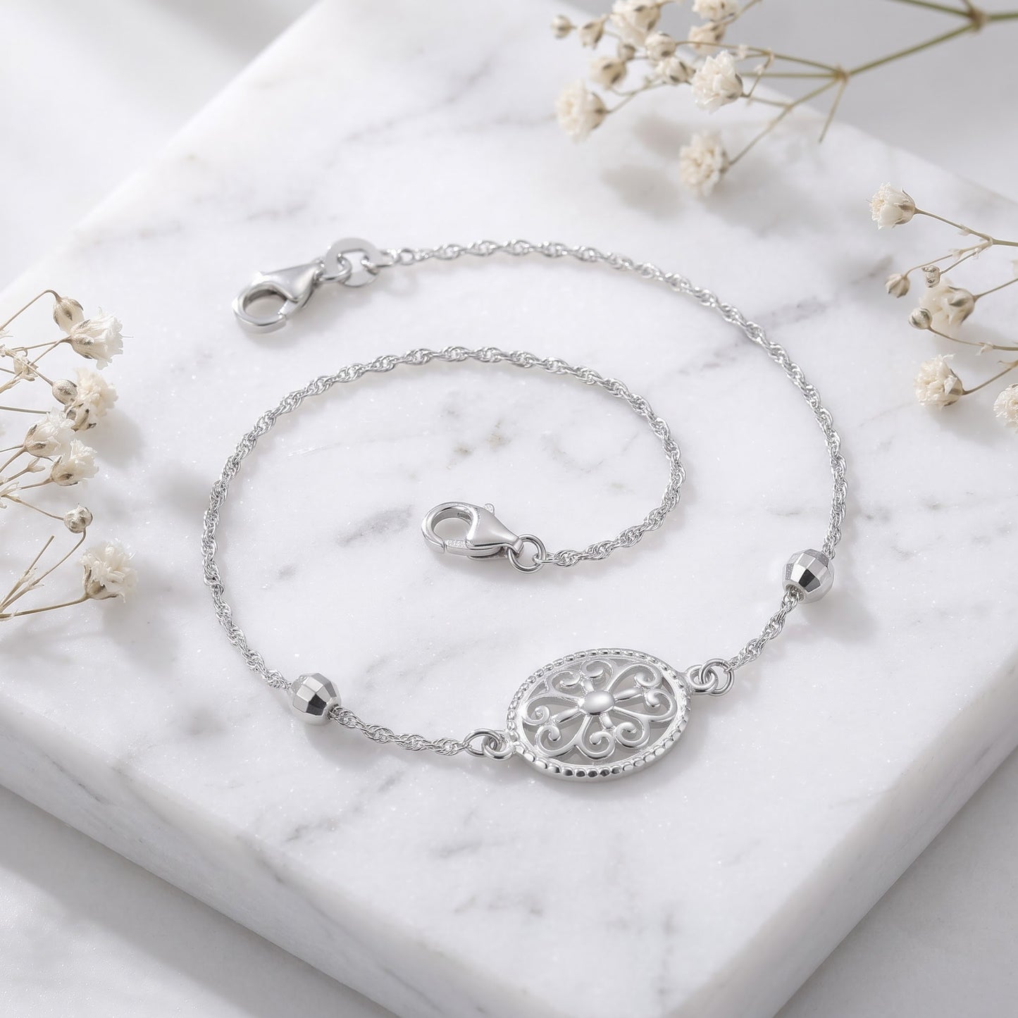 Sterling Silver Filigree Bracelet for Women, Chain Link, Dainty Everyday Jewelry Gift view 1