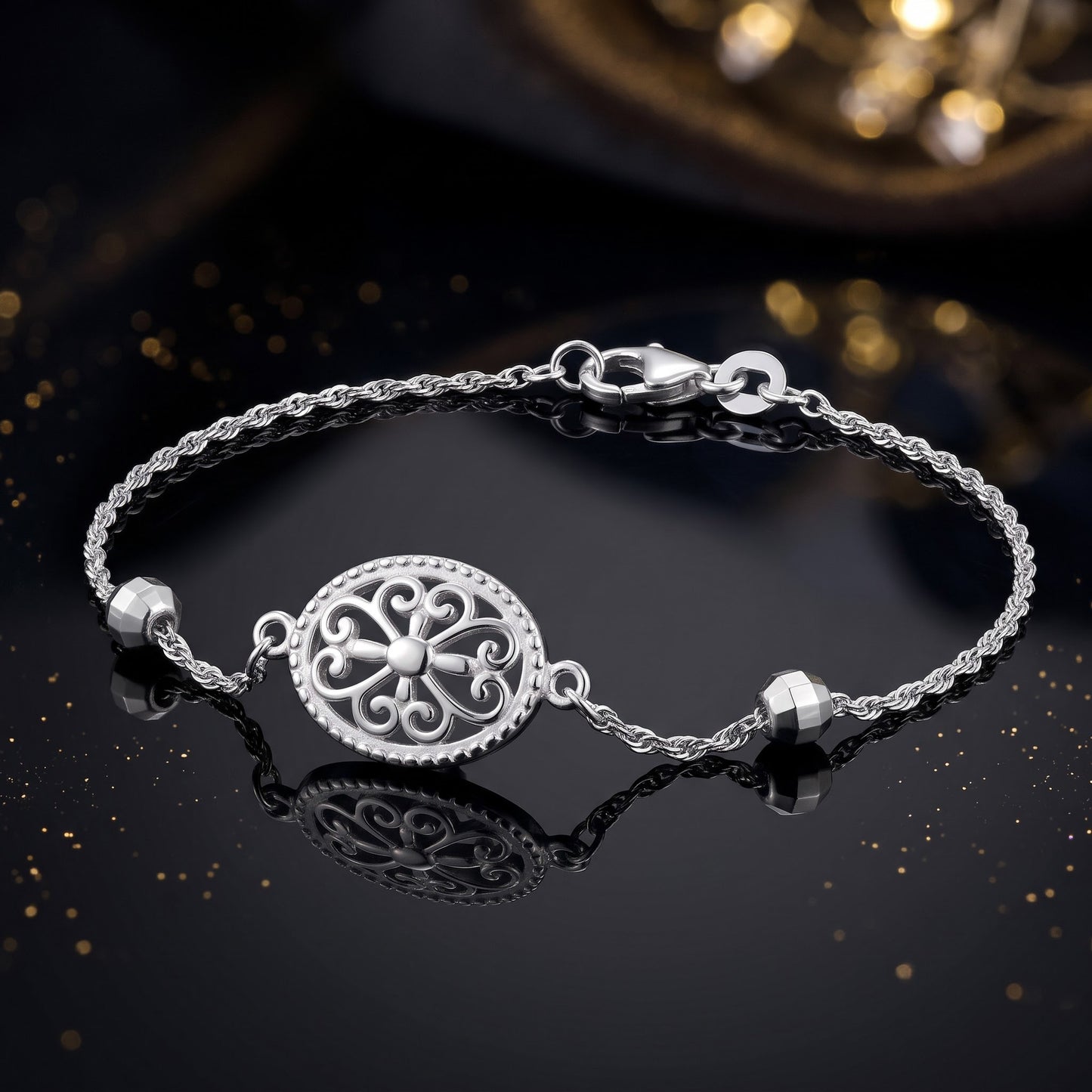 Sterling Silver Filigree Bracelet for Women, Chain Link, Dainty Everyday Jewelry Gift view 3
