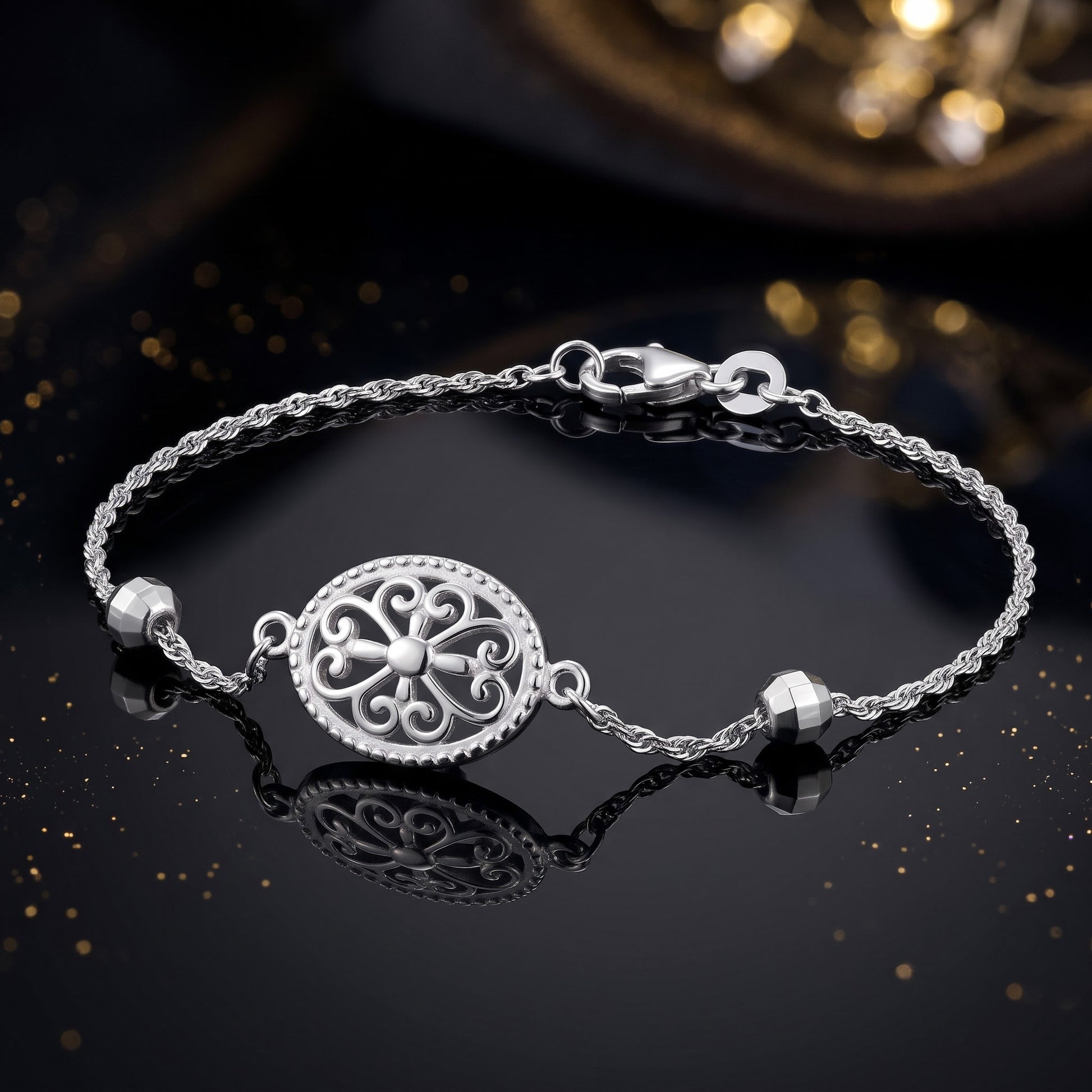 Sterling Silver Filigree Bracelet for Women, Chain Link, Dainty Everyday Jewelry Gift view 3