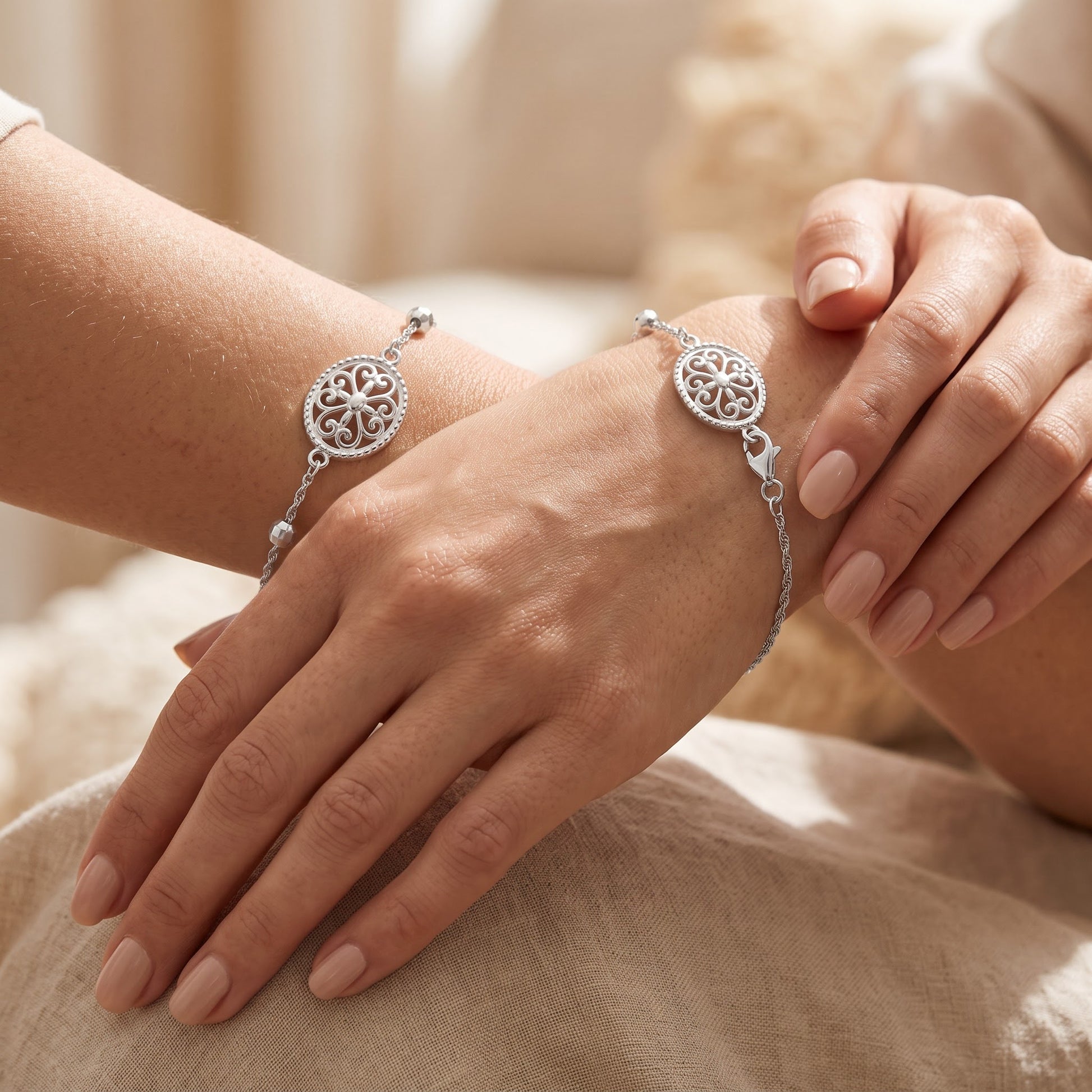 Sterling Silver Filigree Bracelet for Women, Chain Link, Dainty Everyday Jewelry Gift view 4