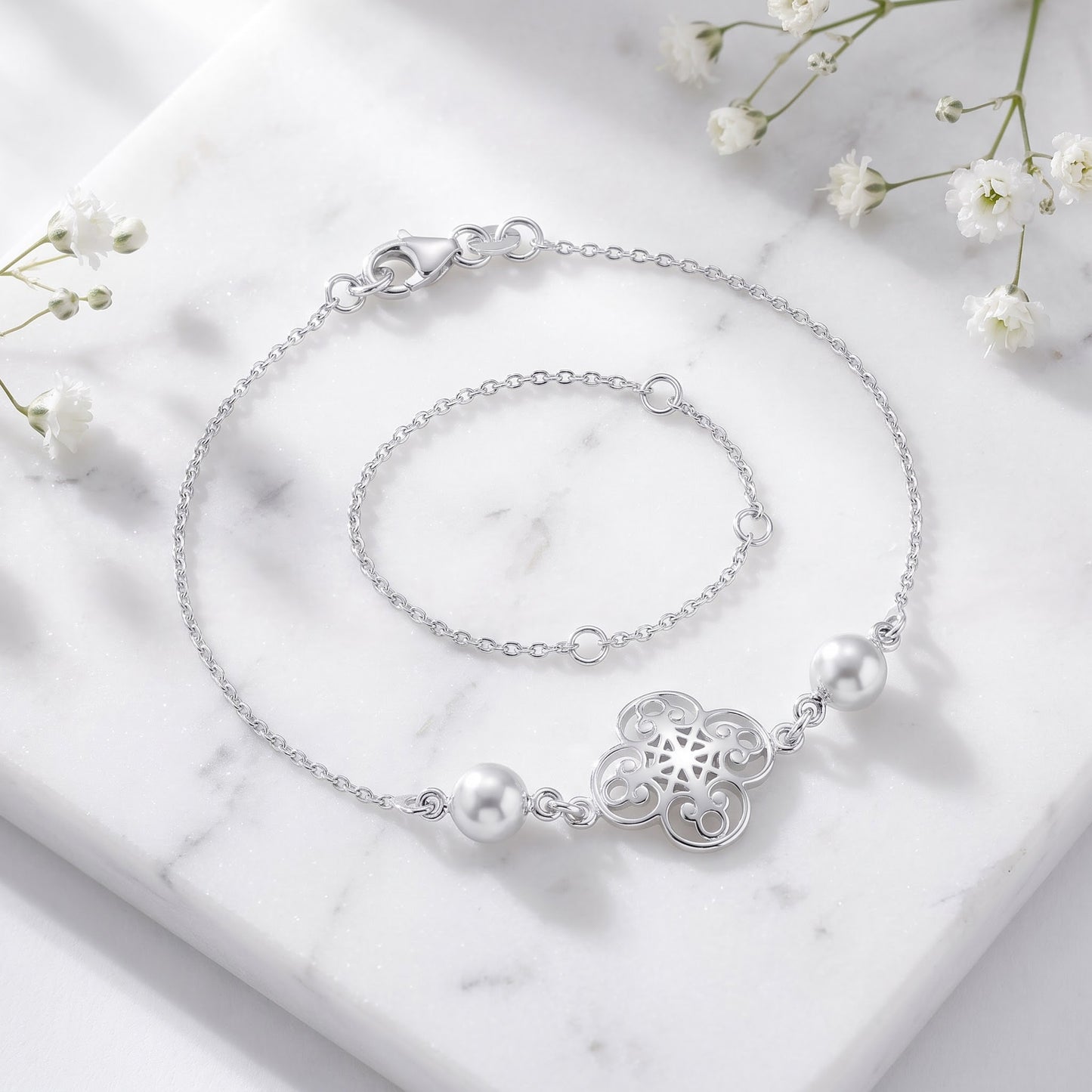 Sterling Silver Mystic Flower & Bead Bracelet for Women, Beaded, Dainty Everyday Jewelry Gift view 1