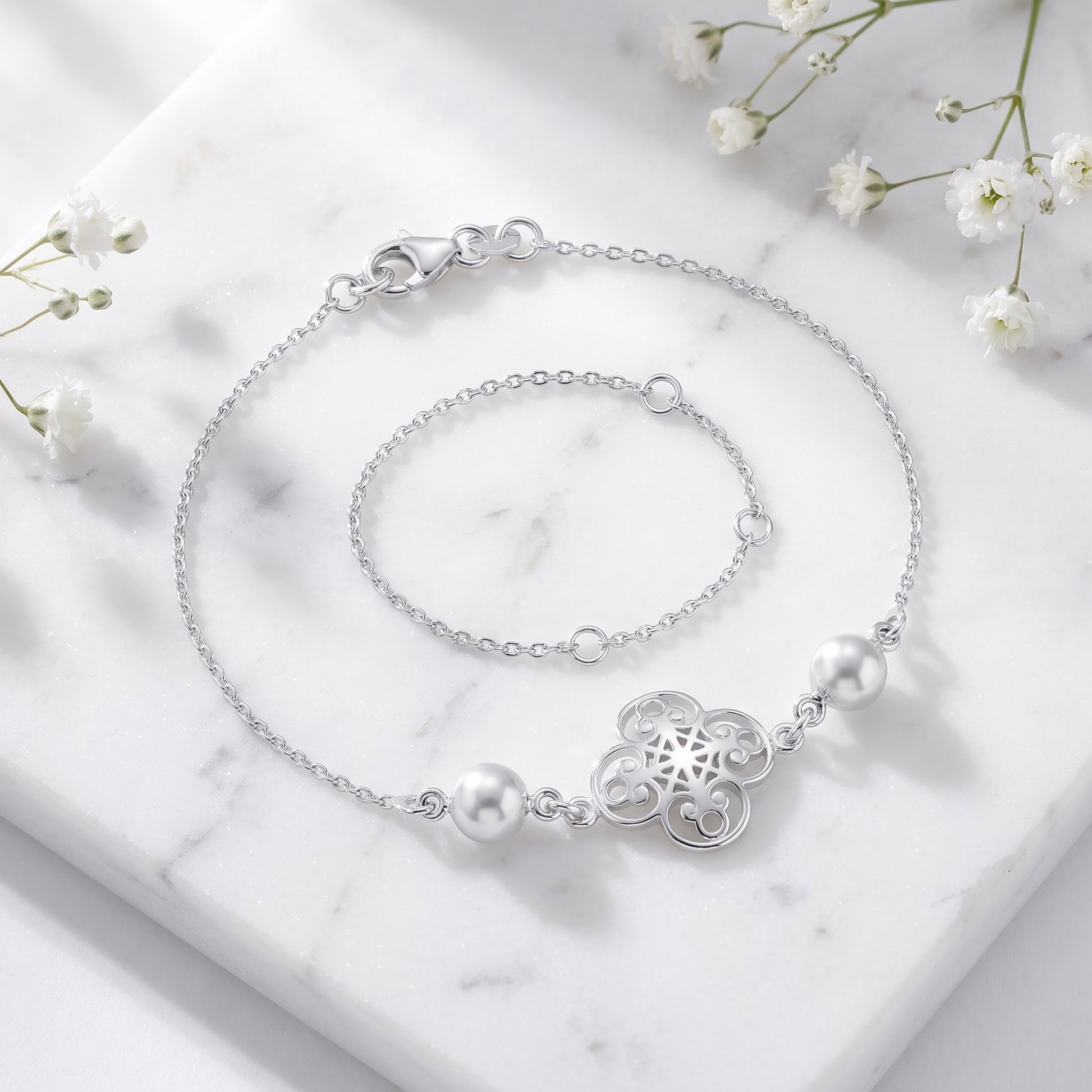 Sterling Silver Mystic Flower & Bead Bracelet for Women, Beaded, Dainty Everyday Jewelry Gift view 1