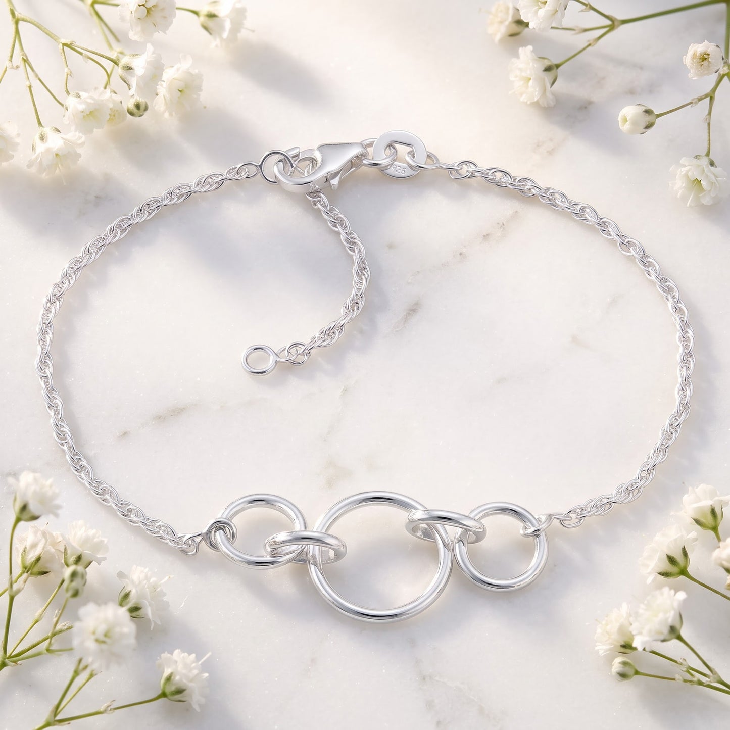 Sterling Silver Triple Round Link Bracelet for Women, Chain Link, Dainty Everyday Jewelry Gift view 1