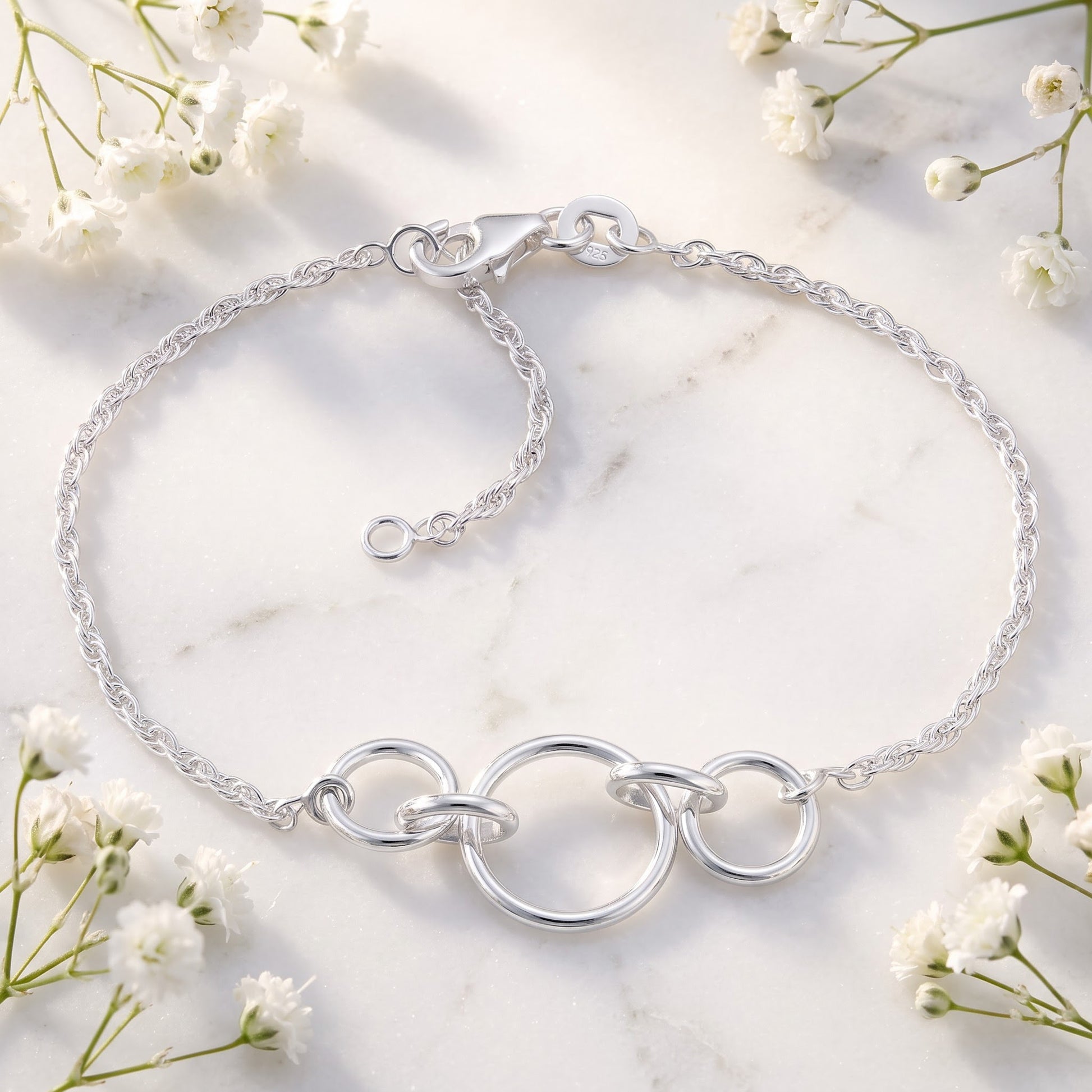 Sterling Silver Triple Round Link Bracelet for Women, Chain Link, Dainty Everyday Jewelry Gift view 1