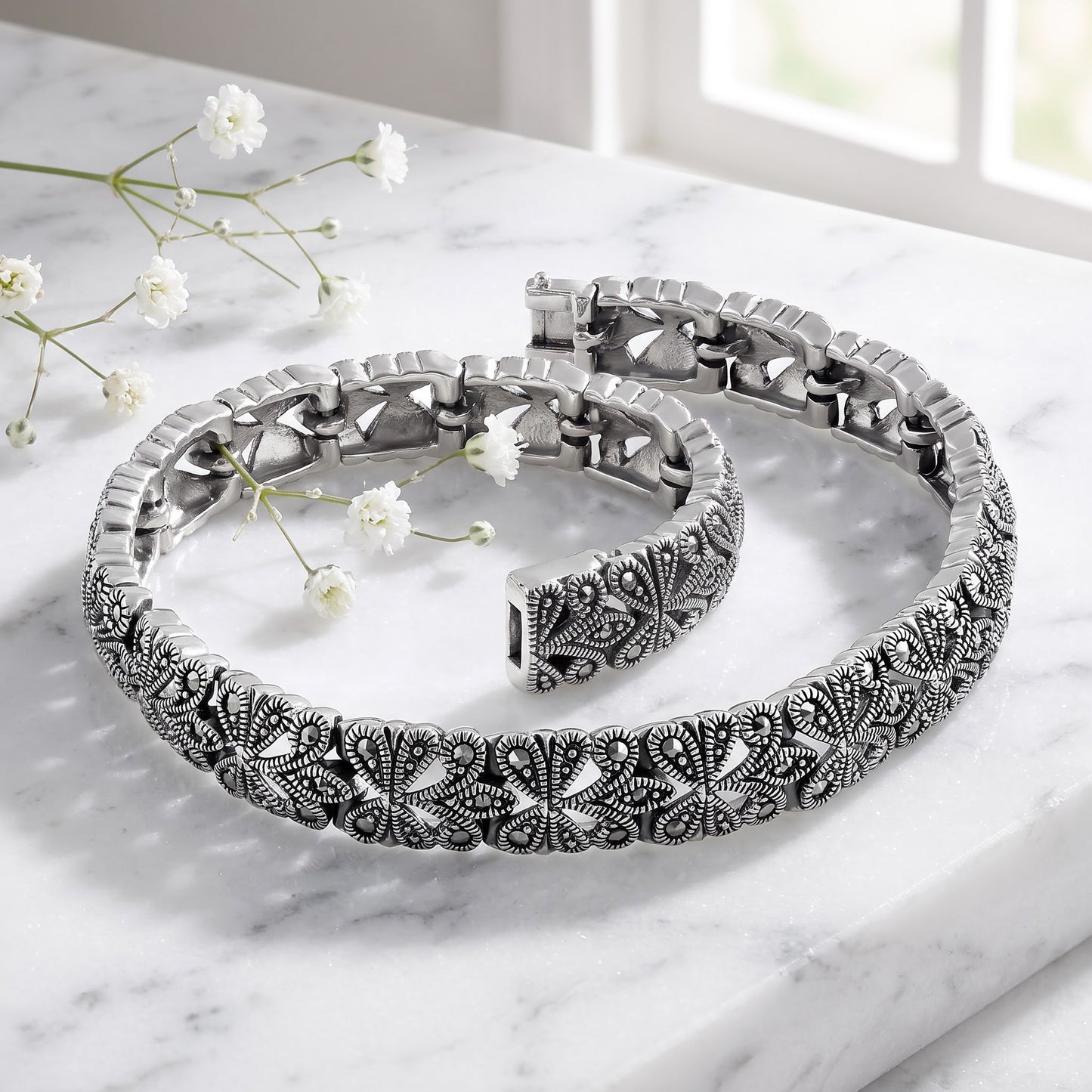 Sterling Silver Glitzy Filigree Marcasite Bracelet for Women, Chain Link, Dainty Everyday Jewelry Gift view 1