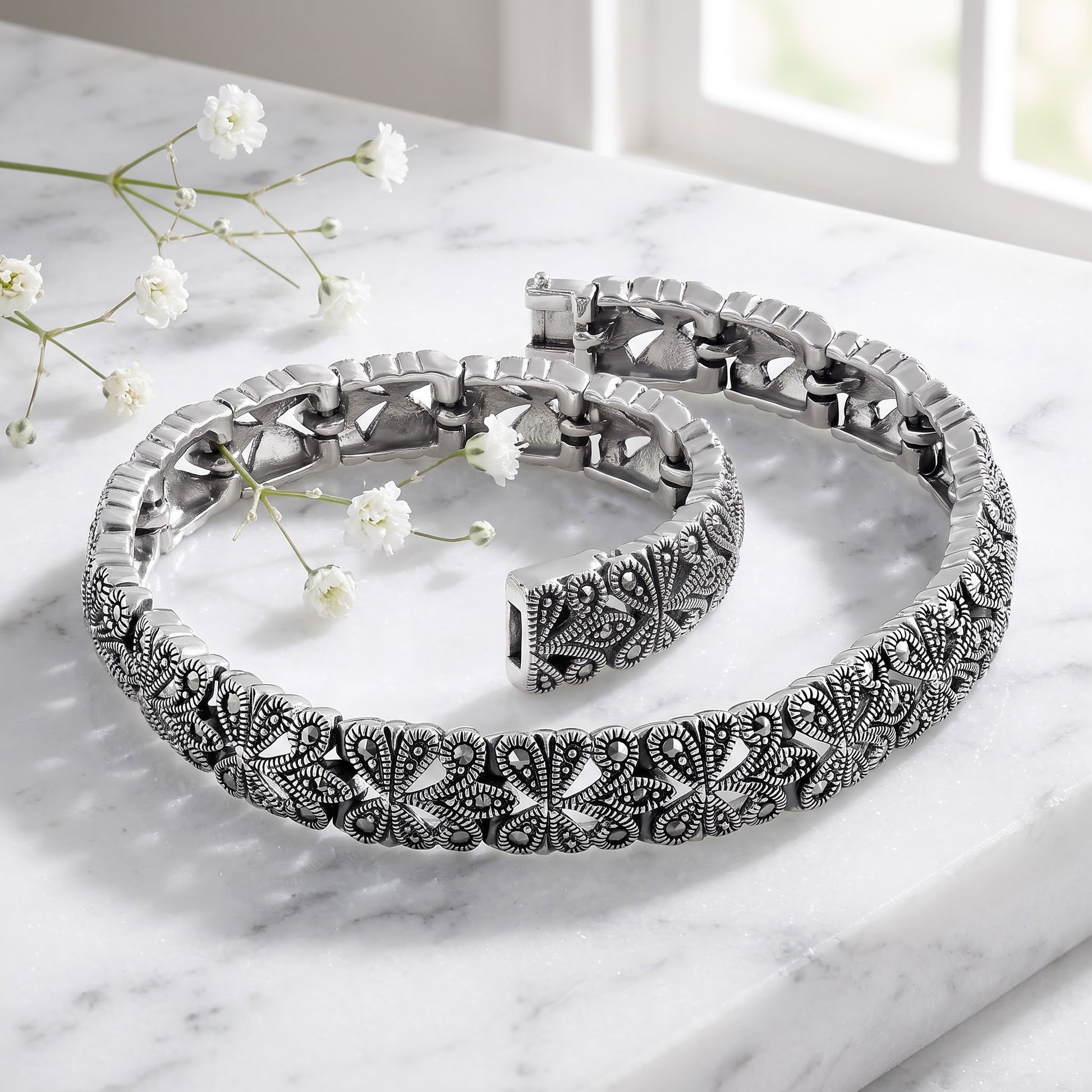 Sterling Silver Glitzy Filigree Marcasite Bracelet for Women, Chain Link, Dainty Everyday Jewelry Gift view 1