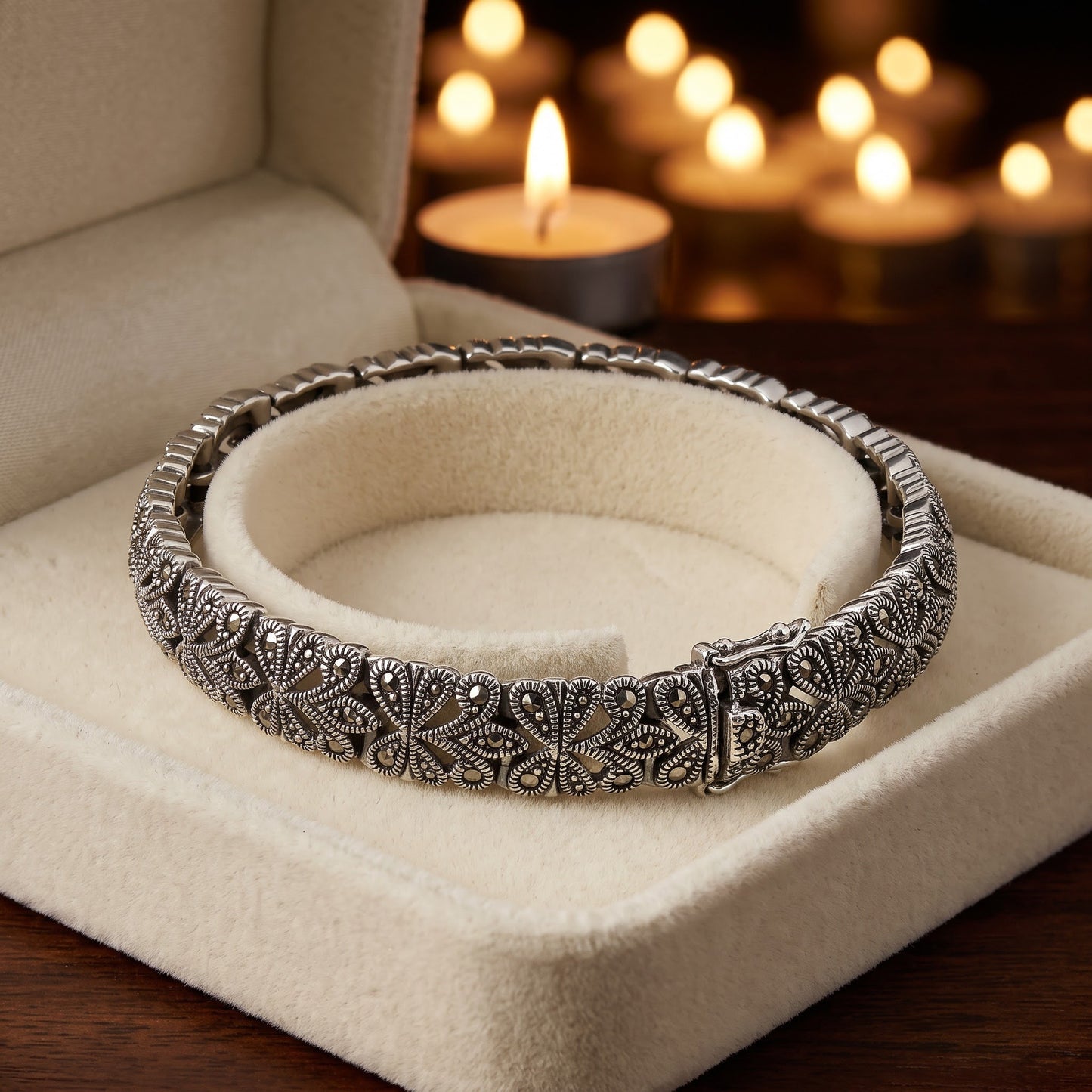 Sterling Silver Glitzy Filigree Marcasite Bracelet for Women, Chain Link, Dainty Everyday Jewelry Gift view 2
