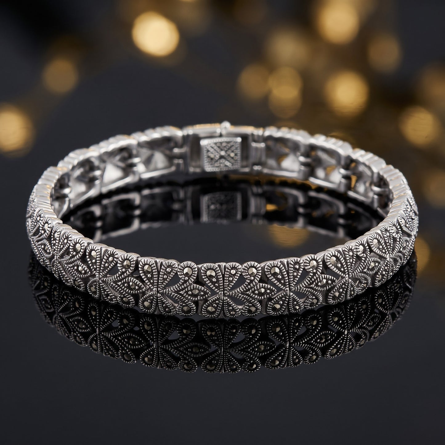 Sterling Silver Glitzy Filigree Marcasite Bracelet for Women, Chain Link, Dainty Everyday Jewelry Gift view 3