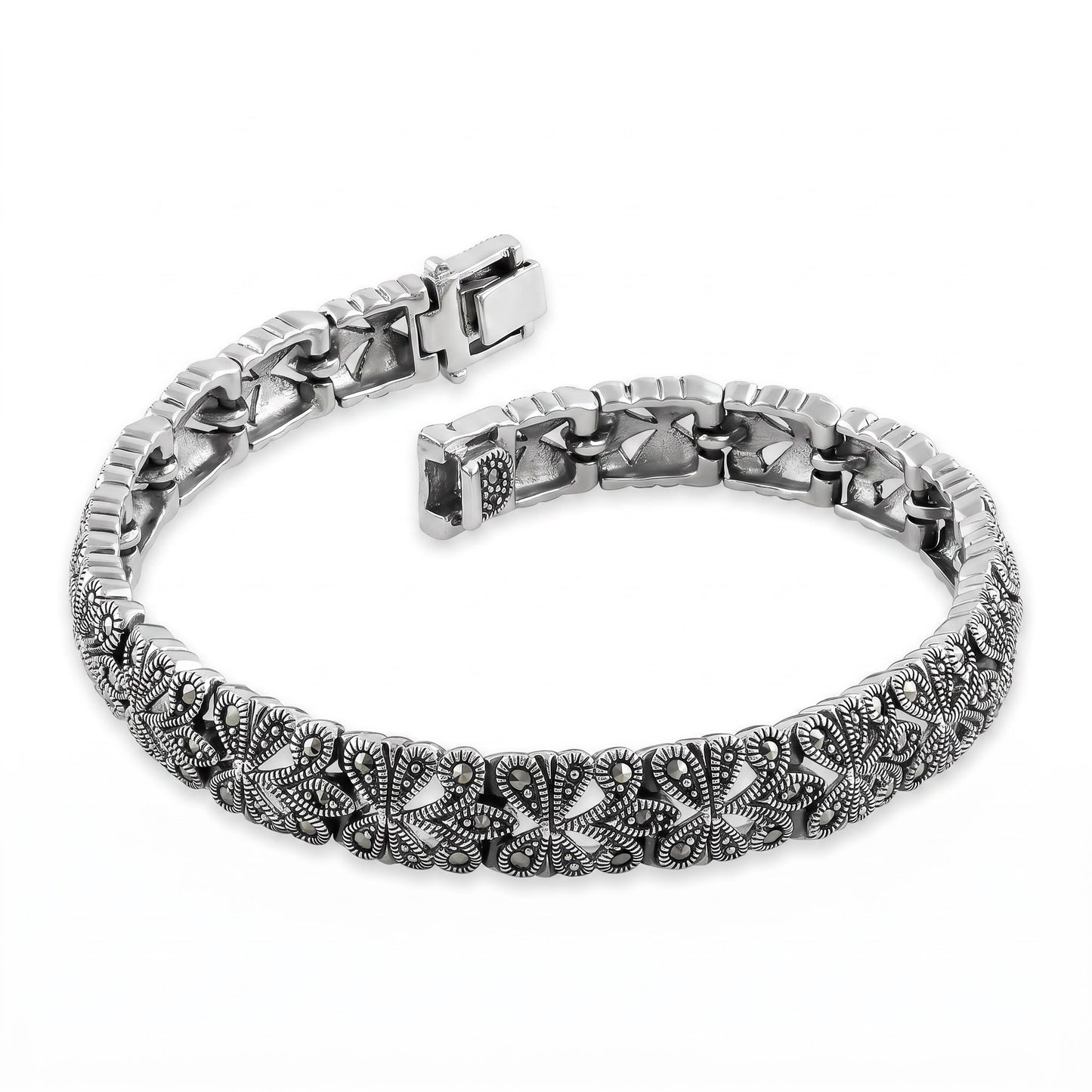 Sterling Silver Glitzy Filigree Marcasite Bracelet for Women, Chain Link, Dainty Everyday Jewelry Gift