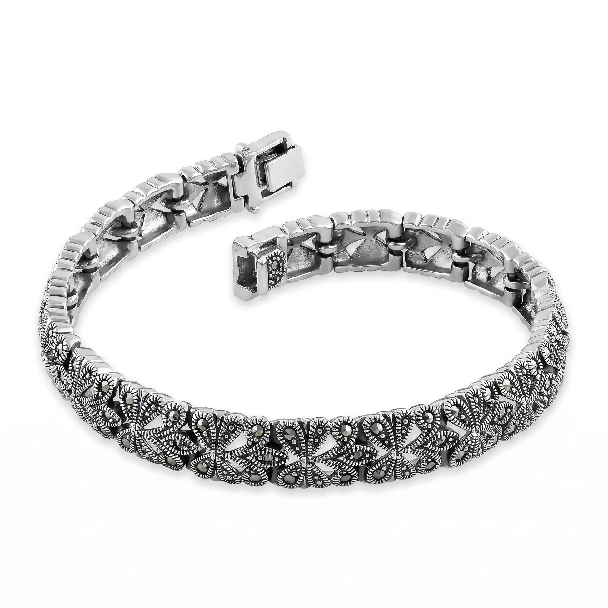 Sterling Silver Glitzy Filigree Marcasite Bracelet for Women, Chain Link, Dainty Everyday Jewelry Gift