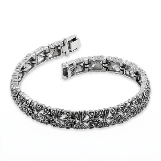 Sterling Silver Glitzy Filigree Marcasite Bracelet for Women, Chain Link, Dainty Everyday Jewelry Gift