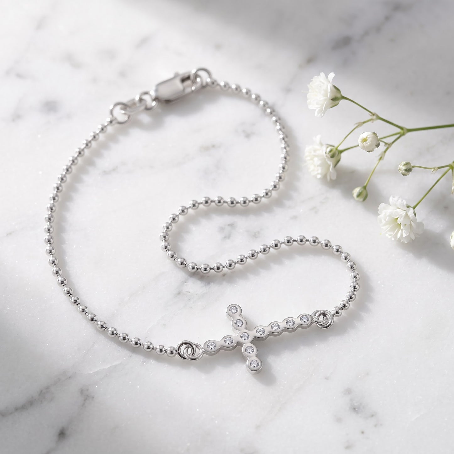 Sterling Silver Cross Bead Bracelet for Women, Dainty Everyday Jewelry Gift view 1