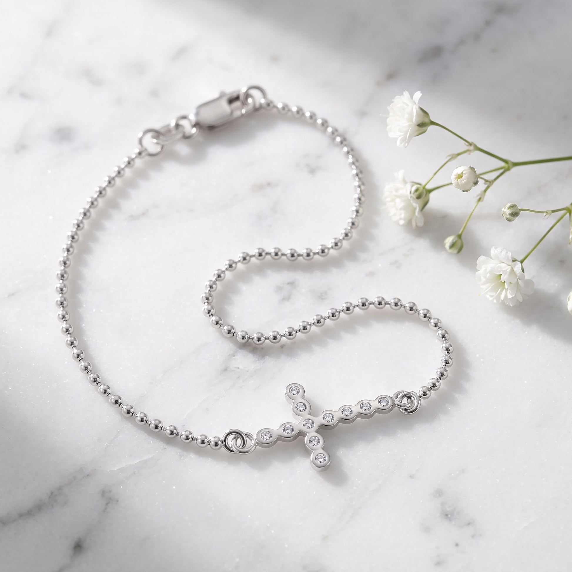 Sterling Silver Cross Bead Bracelet for Women, Dainty Everyday Jewelry Gift view 1