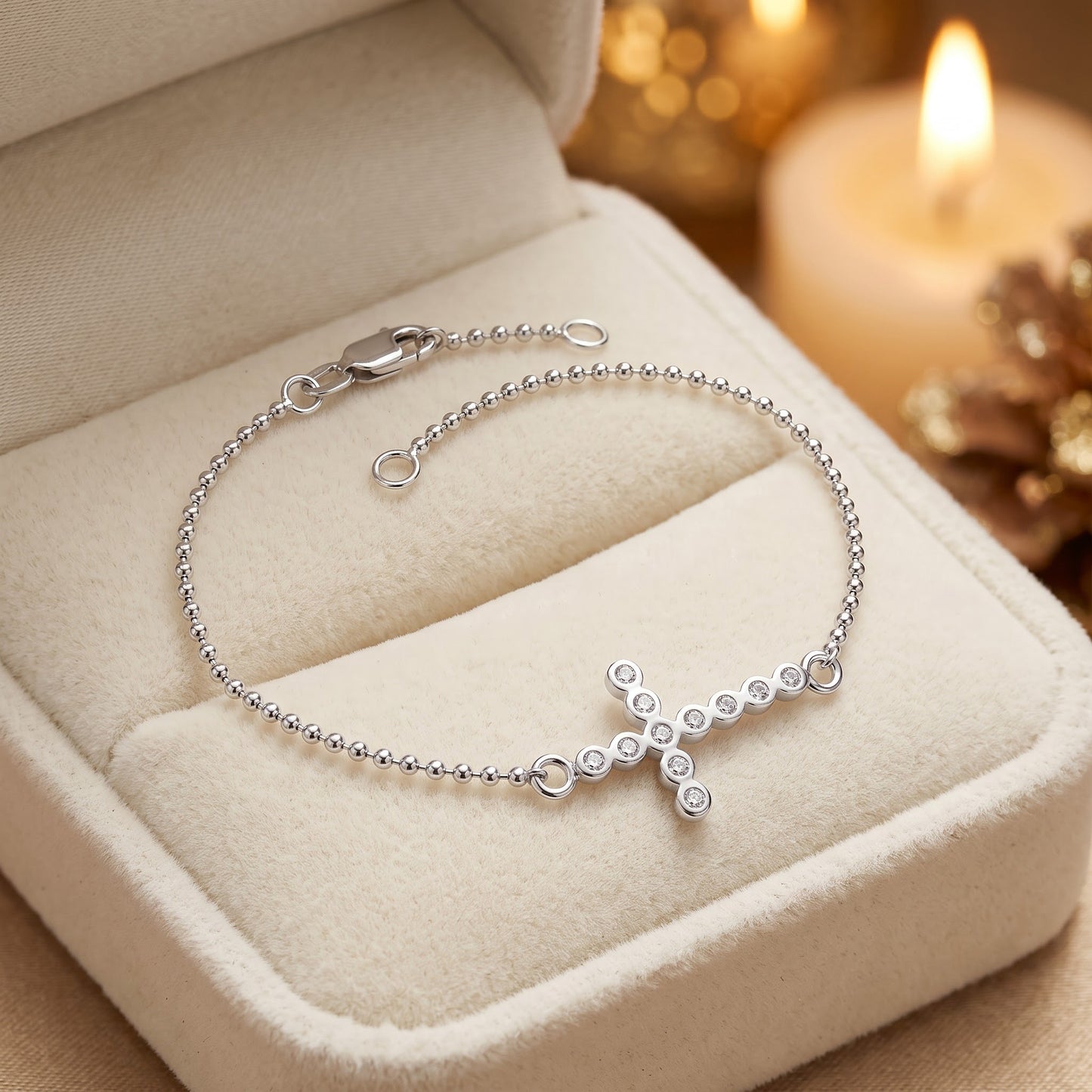 Sterling Silver Cross Bead Bracelet for Women, Dainty Everyday Jewelry Gift view 2