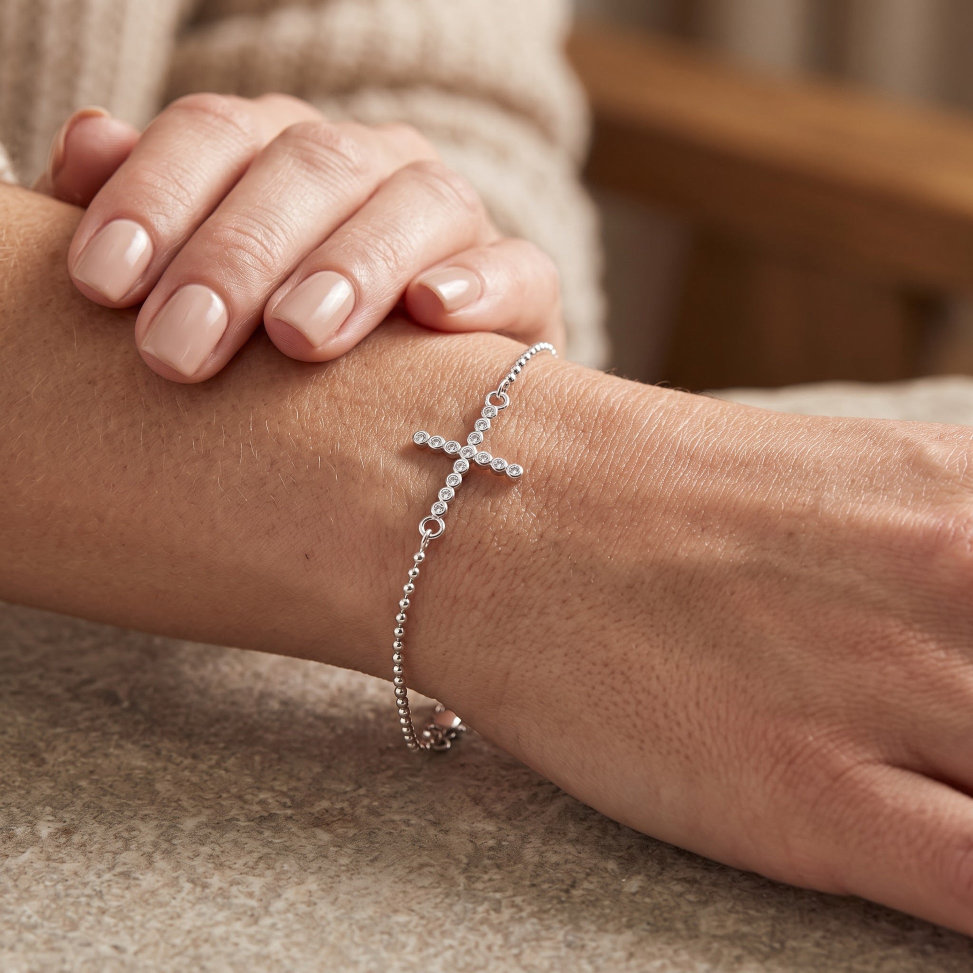 Sterling Silver Cross Bead Bracelet for Women, Dainty Everyday Jewelry Gift view 4