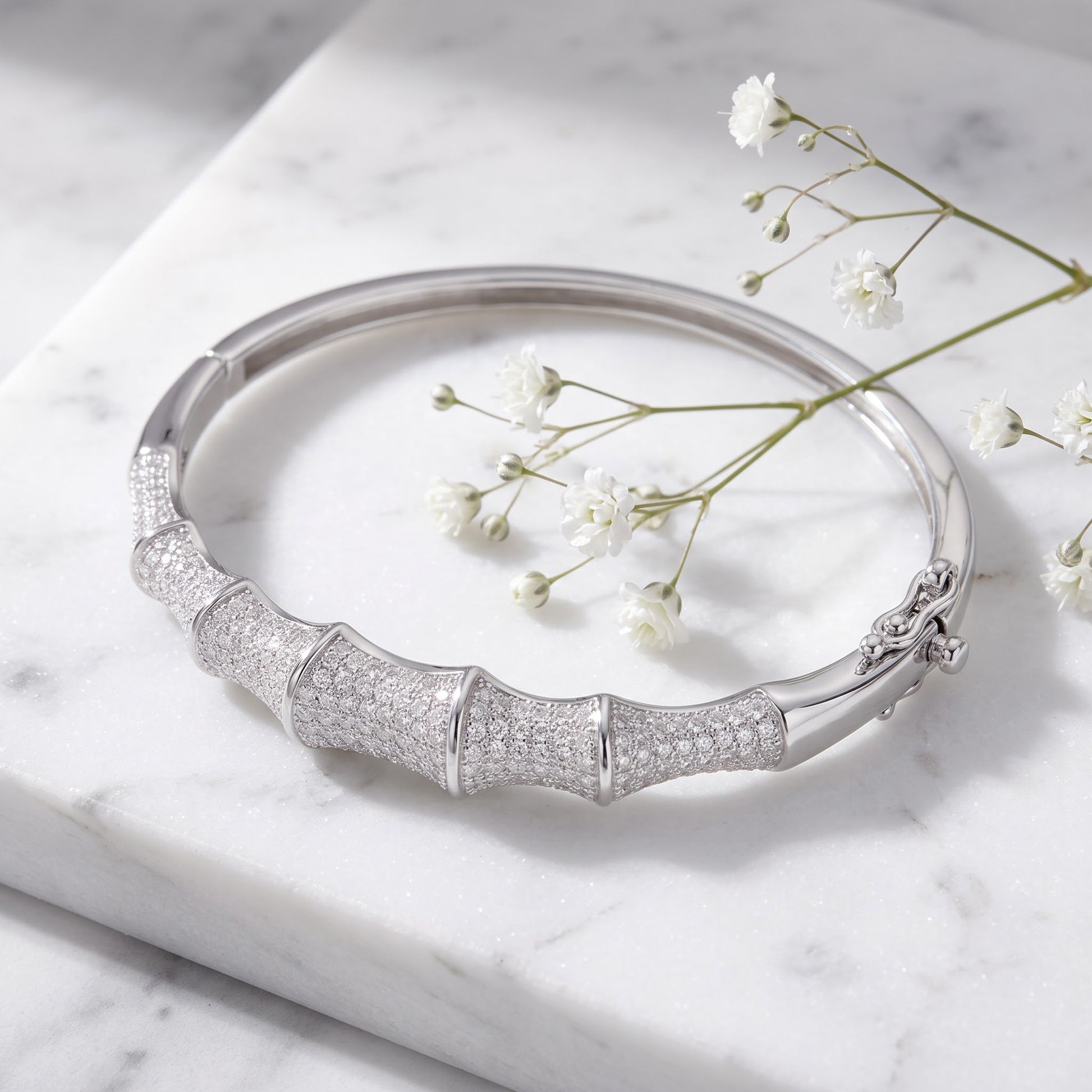 Sterling Silver Bones Pave CZ Bangle Bracelet for Women, Elegant Statement Gift view 1