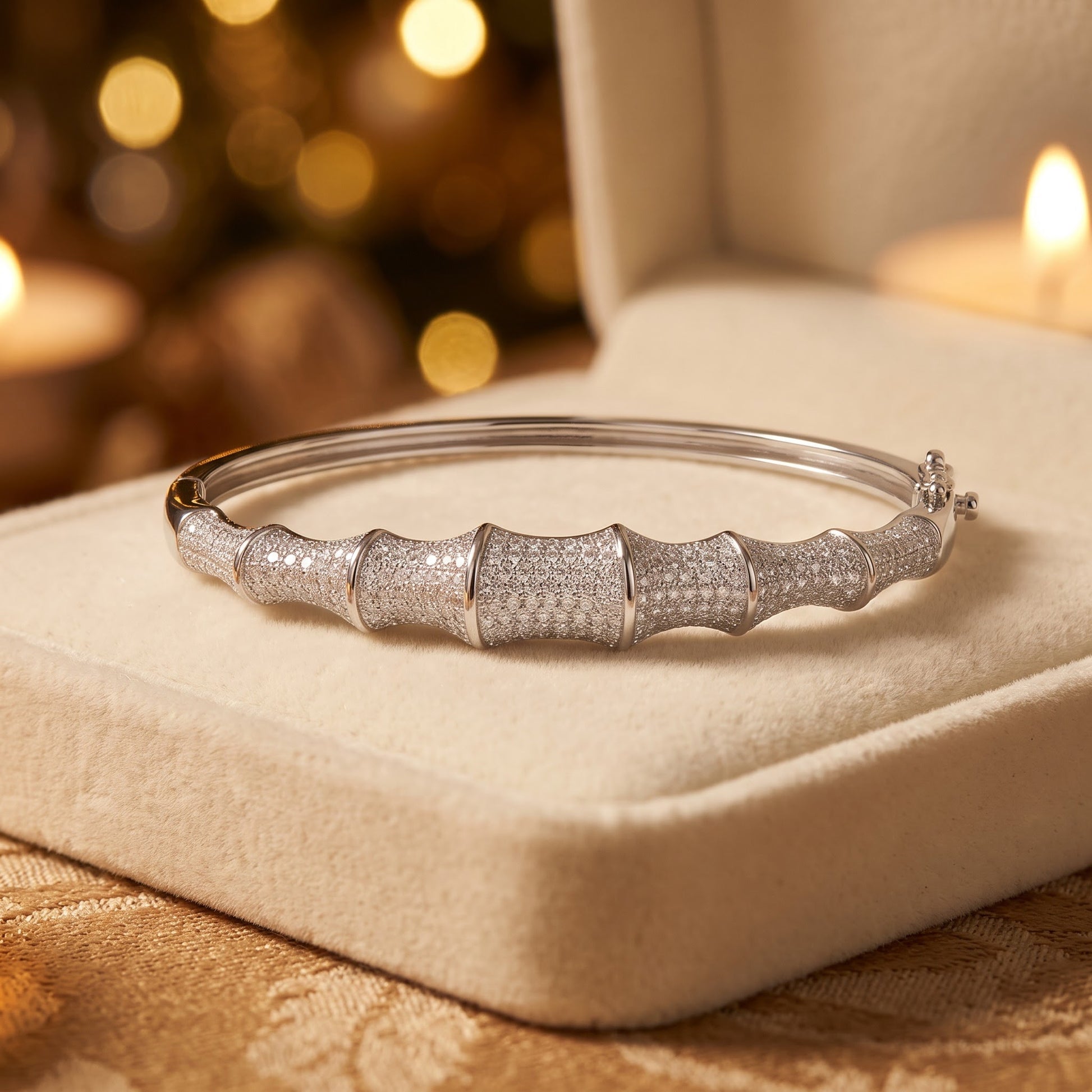 Sterling Silver Bones Pave CZ Bangle Bracelet for Women, Elegant Statement Gift view 2
