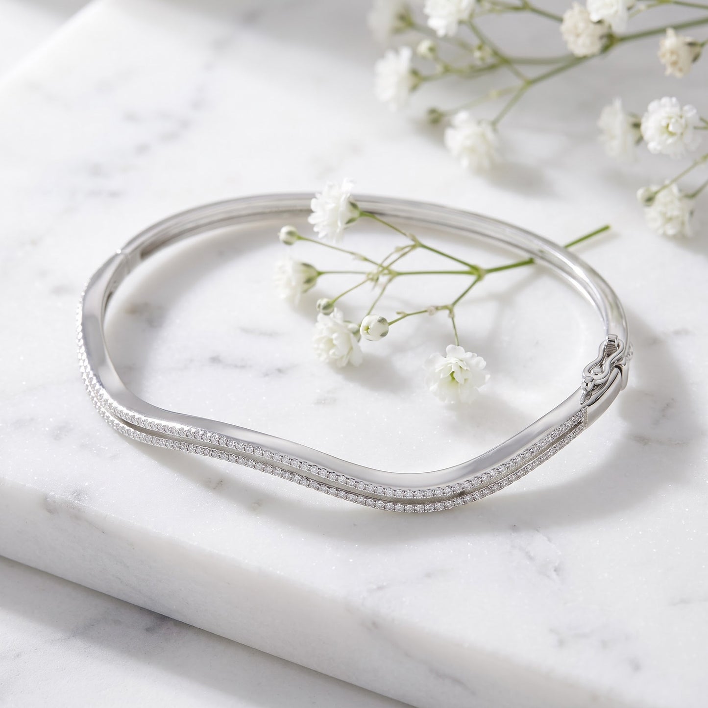 Sterling Silver Curve Pave CZ Bangle Bracelet for Women, Elegant Statement Gift view 1