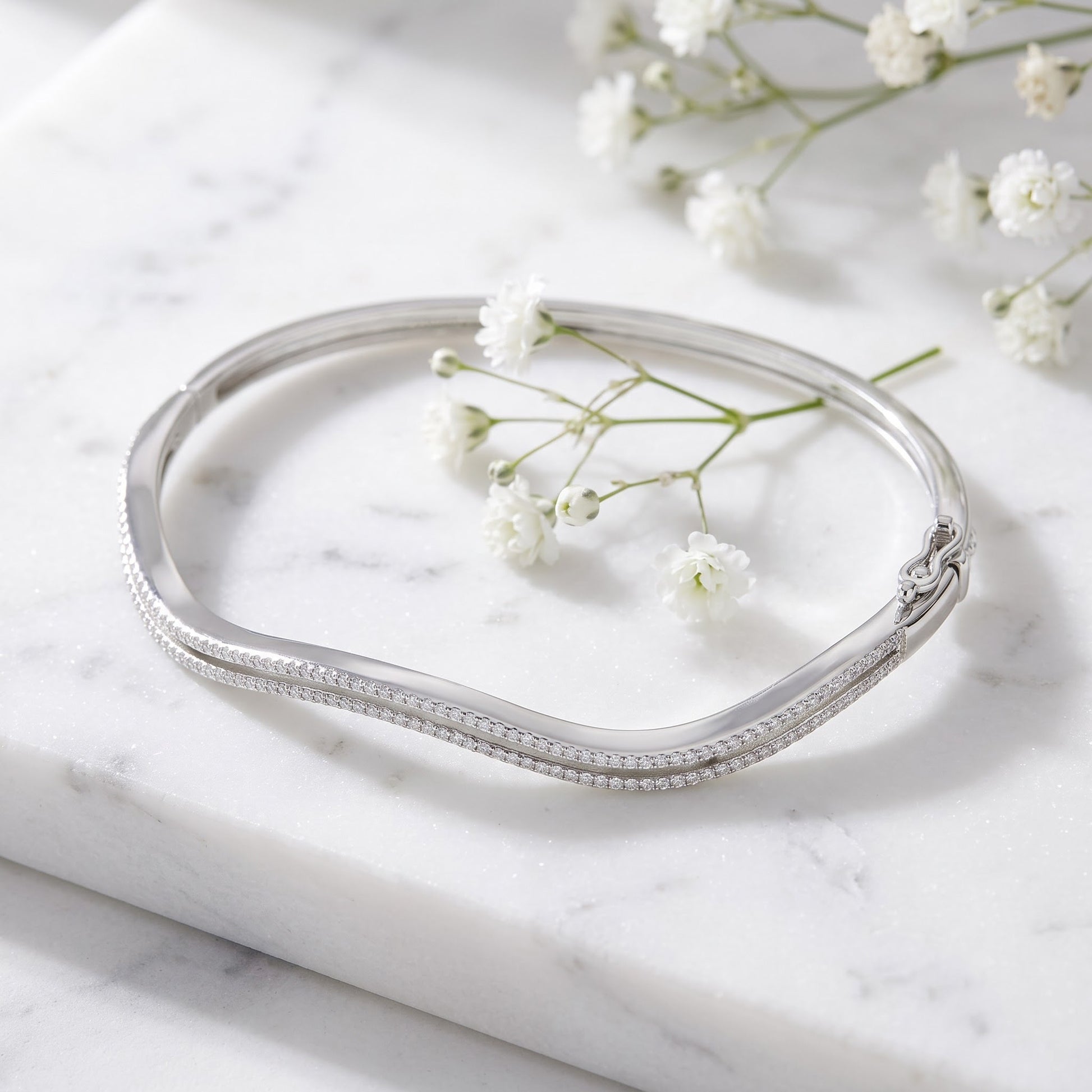 Sterling Silver Curve Pave CZ Bangle Bracelet for Women, Elegant Statement Gift view 1