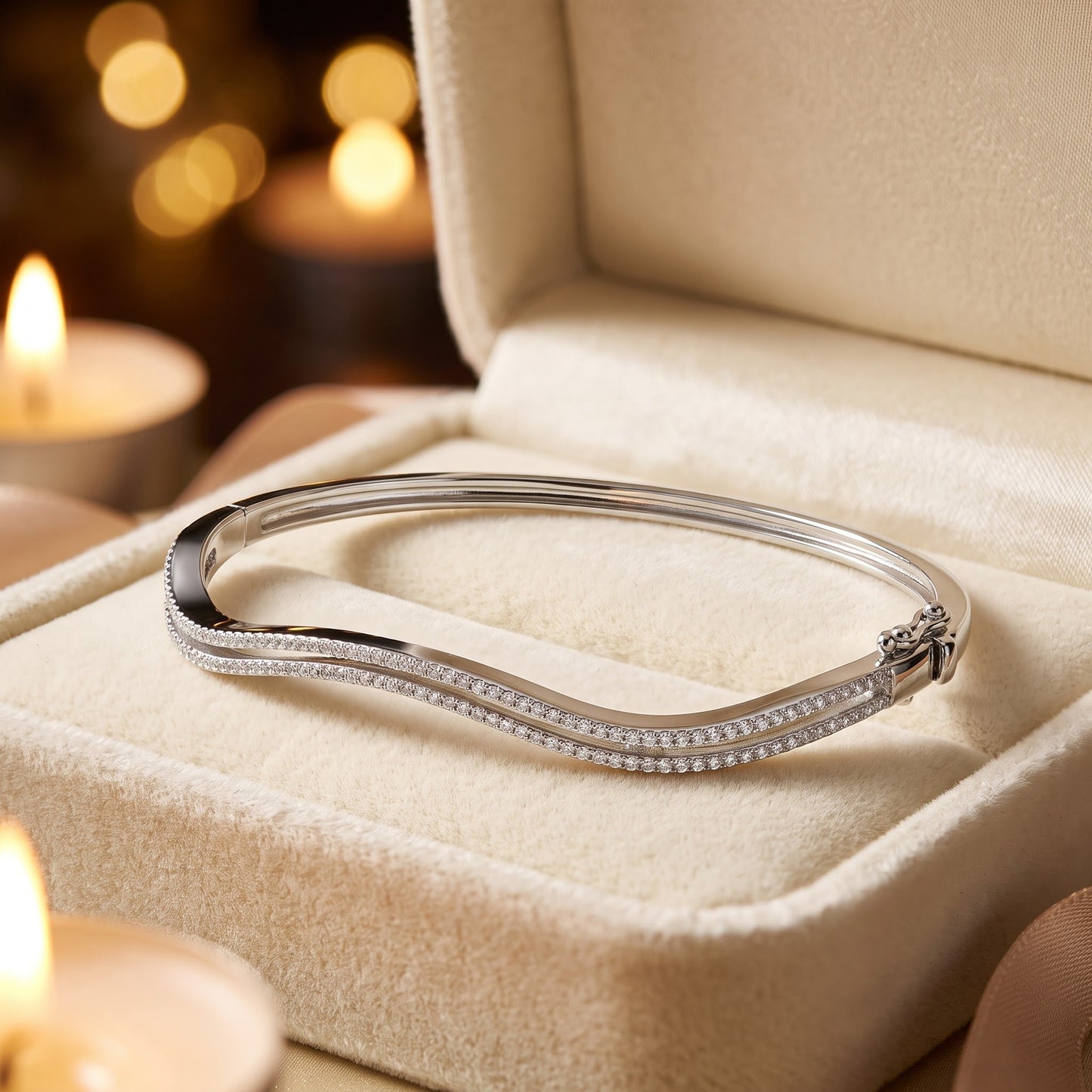 Sterling Silver Curve Pave CZ Bangle Bracelet for Women, Elegant Statement Gift view 2