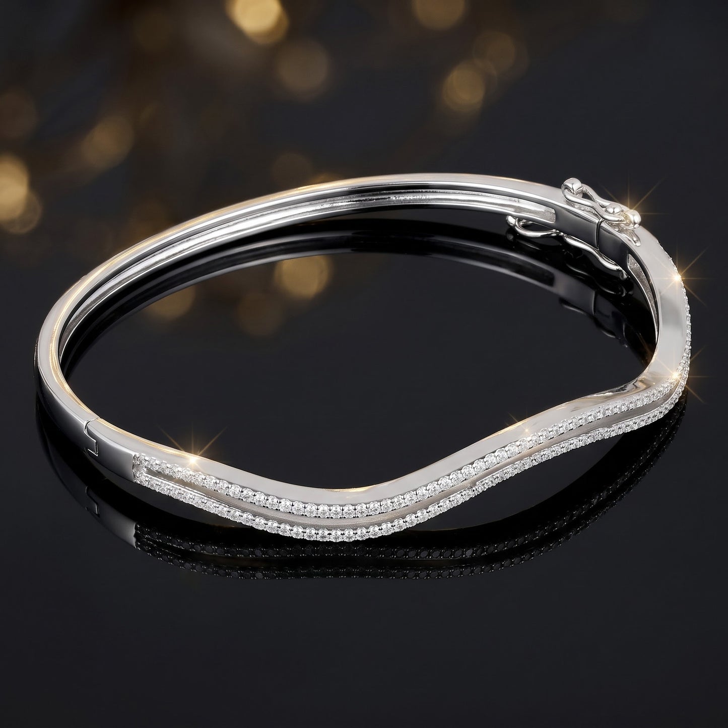 Sterling Silver Curve Pave CZ Bangle Bracelet for Women, Elegant Statement Gift view 3